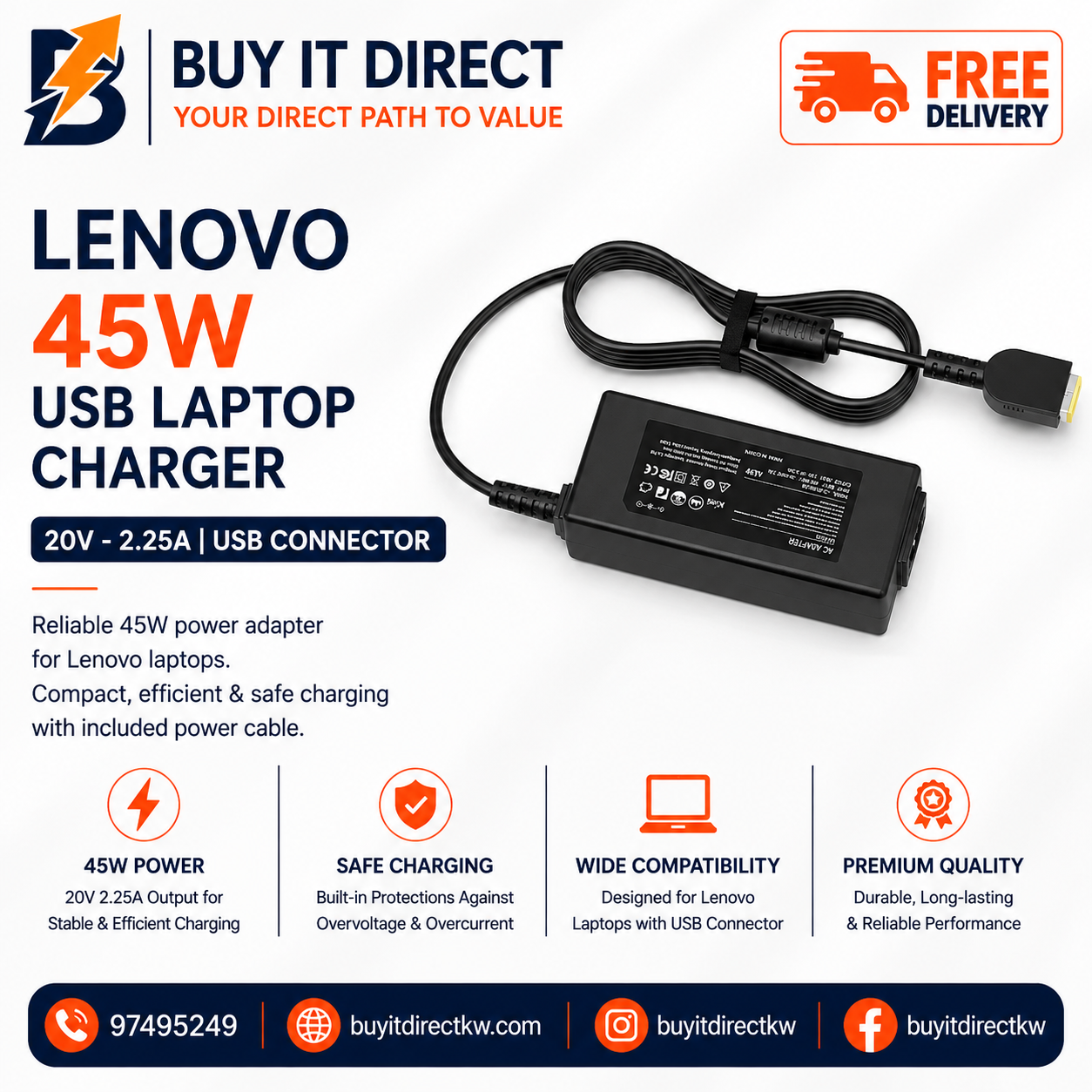 شاحن لابتوب Lenovo بقوة 45 واط 20 فولت 2.25 أمبير USB مع كابل طاقة