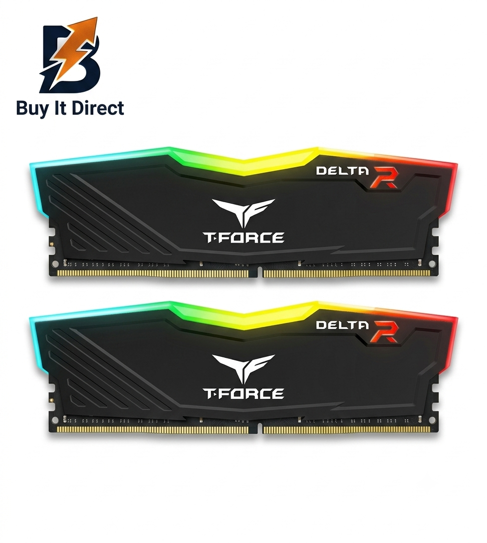 مجموعة ذاكرة الوصول العشوائي T-Force بسعة 32 جيجابايت بتردد 3600 ميجاهرتز من نوع DDR4 Delta RGB لأجهزة سطح المكتب، CL18، (16 جيجابايت × 2) أسود