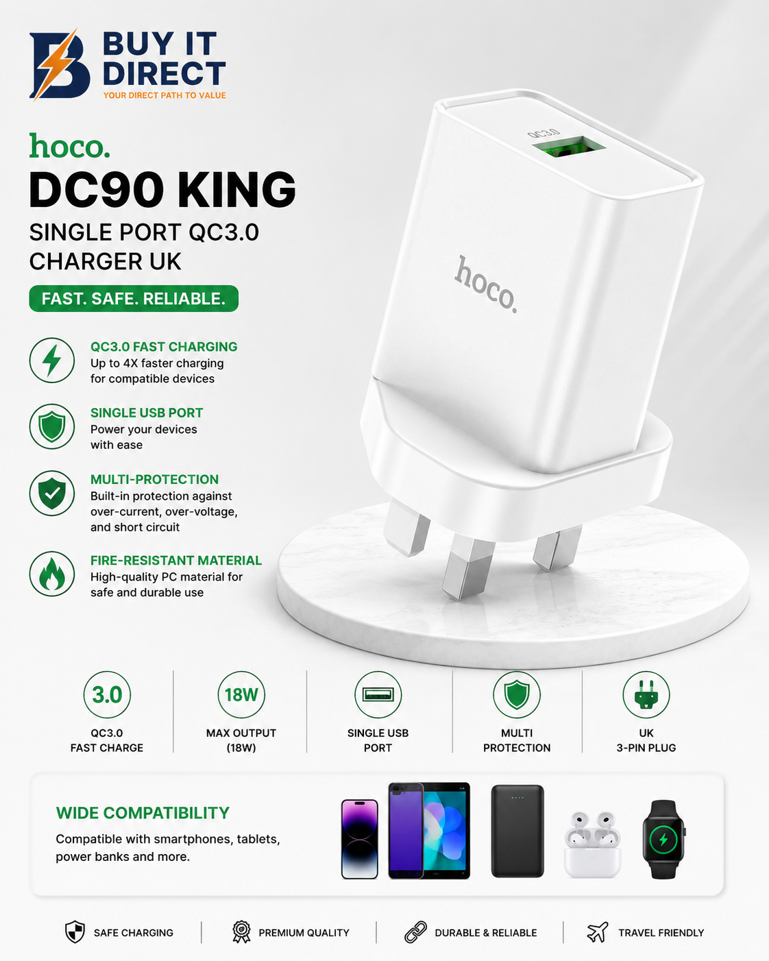 Hoco DC90 King Single Port QC3.0 Charger UK