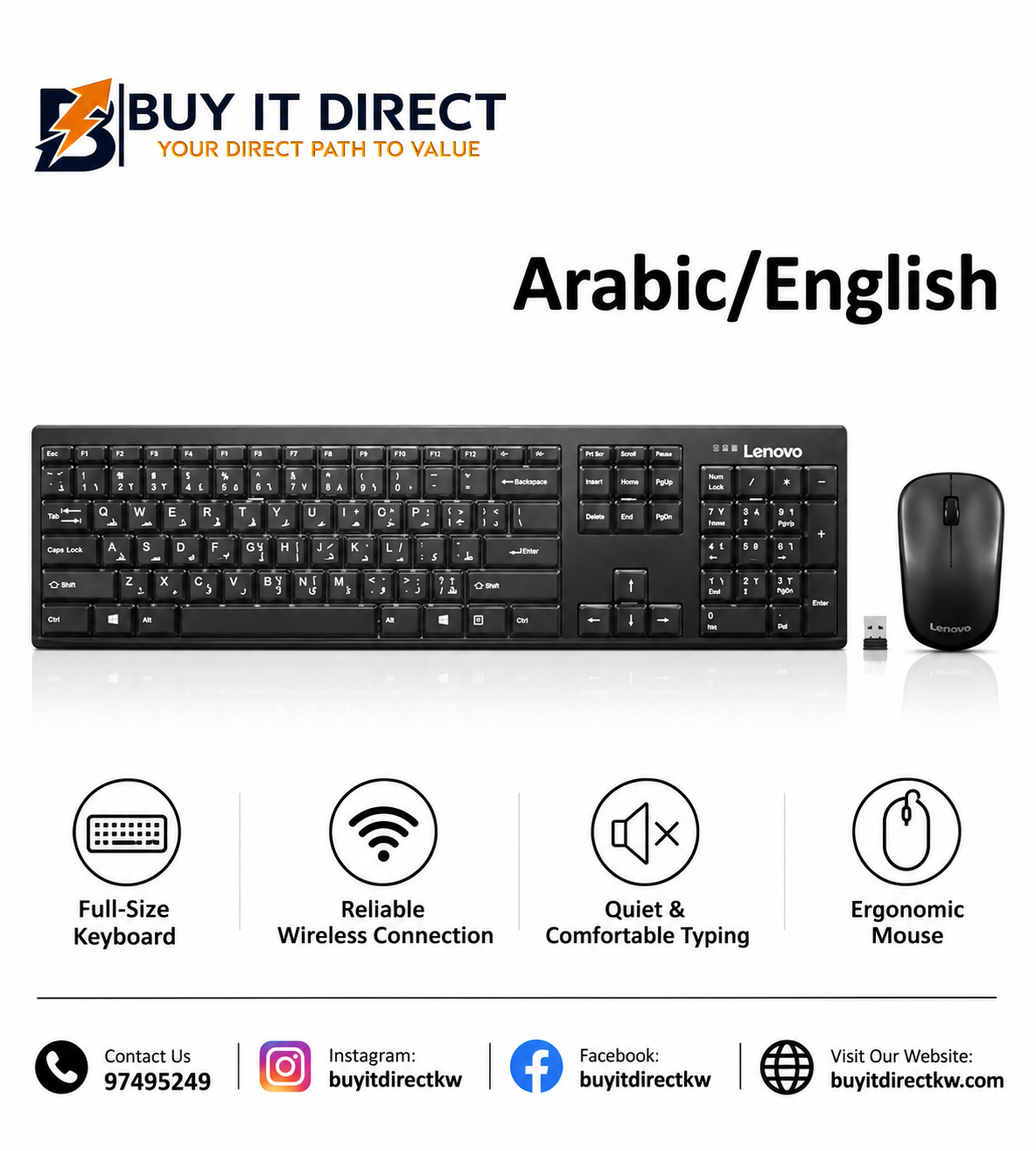 Lenovo 100 Wireless Keyboard and Mouse Combo Arabic English