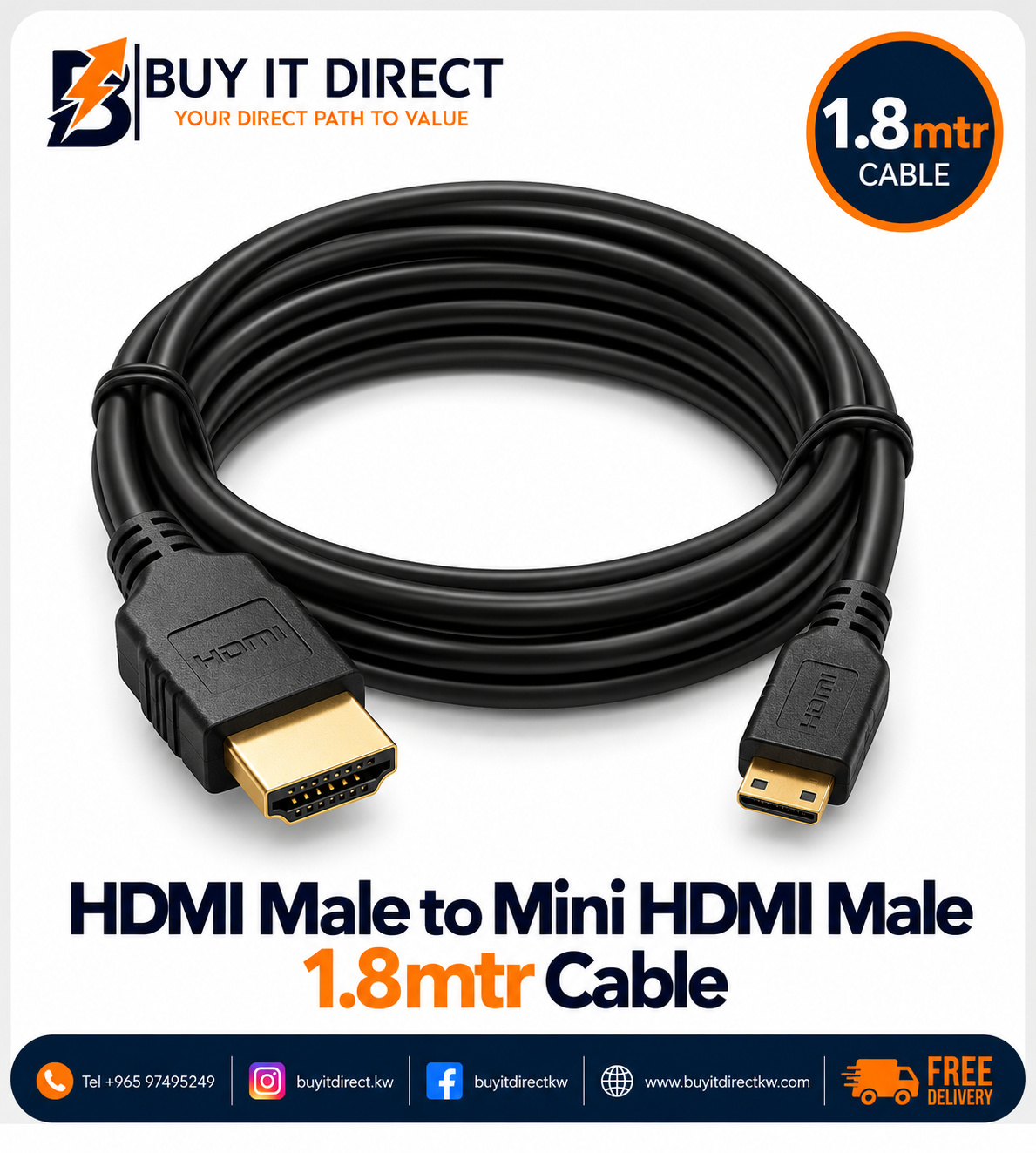 HDMI Male to Mini HDMI Male 1.8mtr Cable