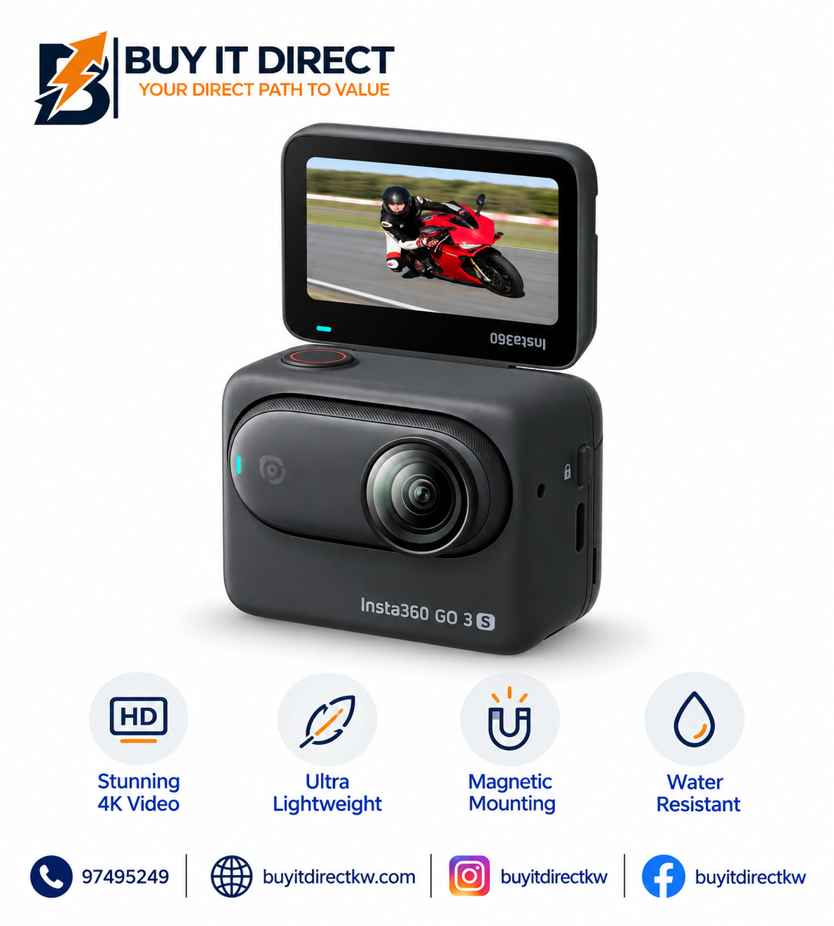 Insta360 GO 3S Motorcycle In Helmet POV Bundle 128GB Midnight Black