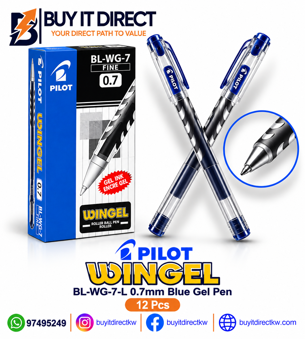 أقلام Pilot WINGEL BL-WG-7-L بحبر جل أزرق 0.7 مم – 12 قطعة