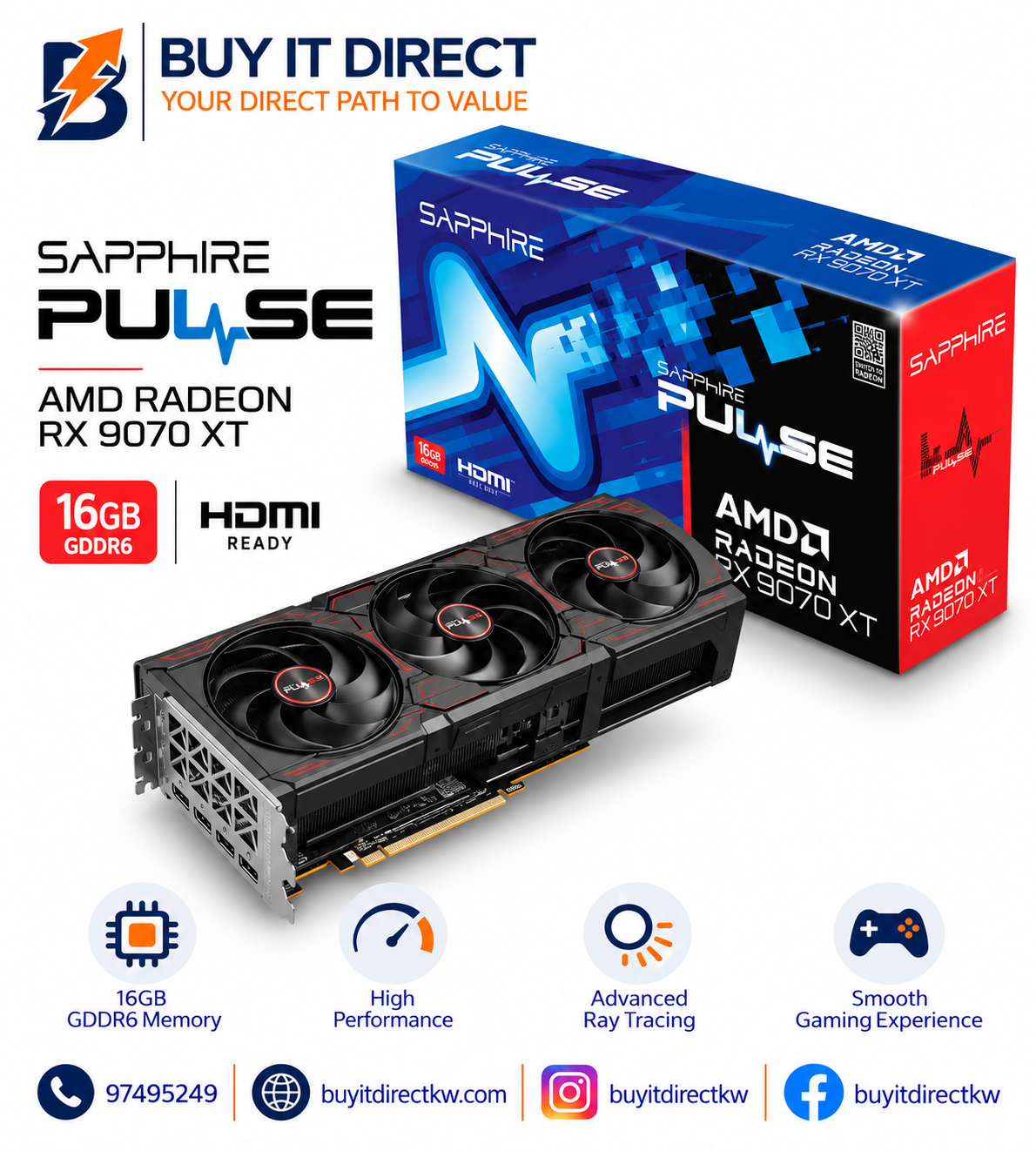 بطاقة رسومات SAPPHIRE PULSE AMD Radeon RX 9070 XT سعة 16 جيجابايت