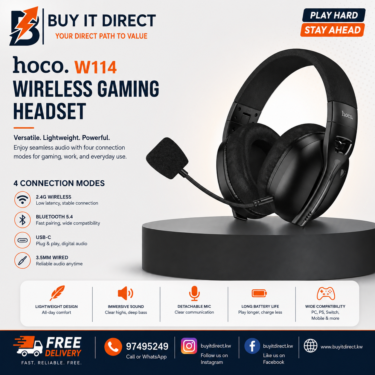 Hoco W114 Wireless Gaming Headphones 4 Mode 30ms Low Latency