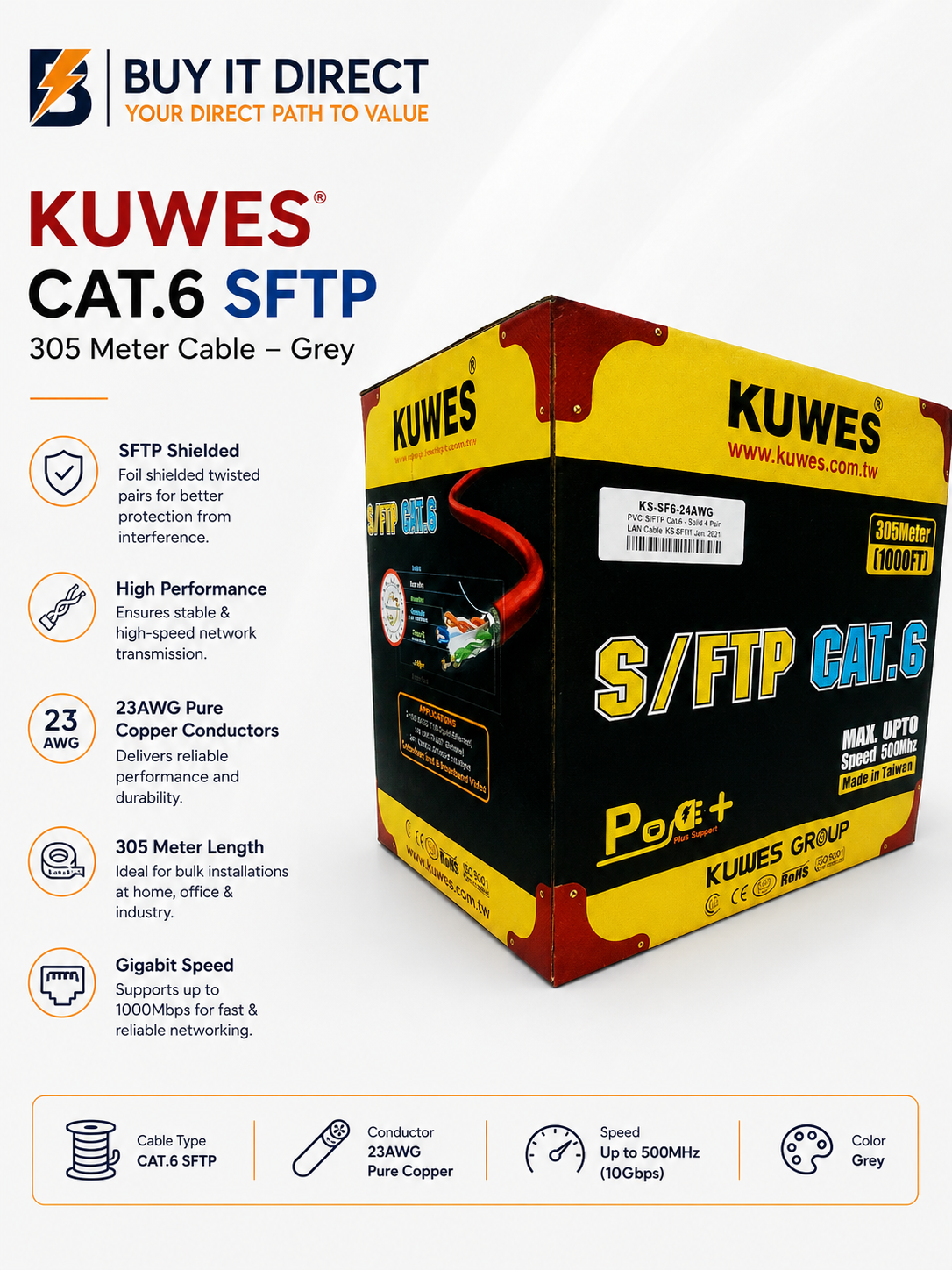 كابل شبكة KUWES CAT6 SFTP بطول 305 متر باللون الرمادي