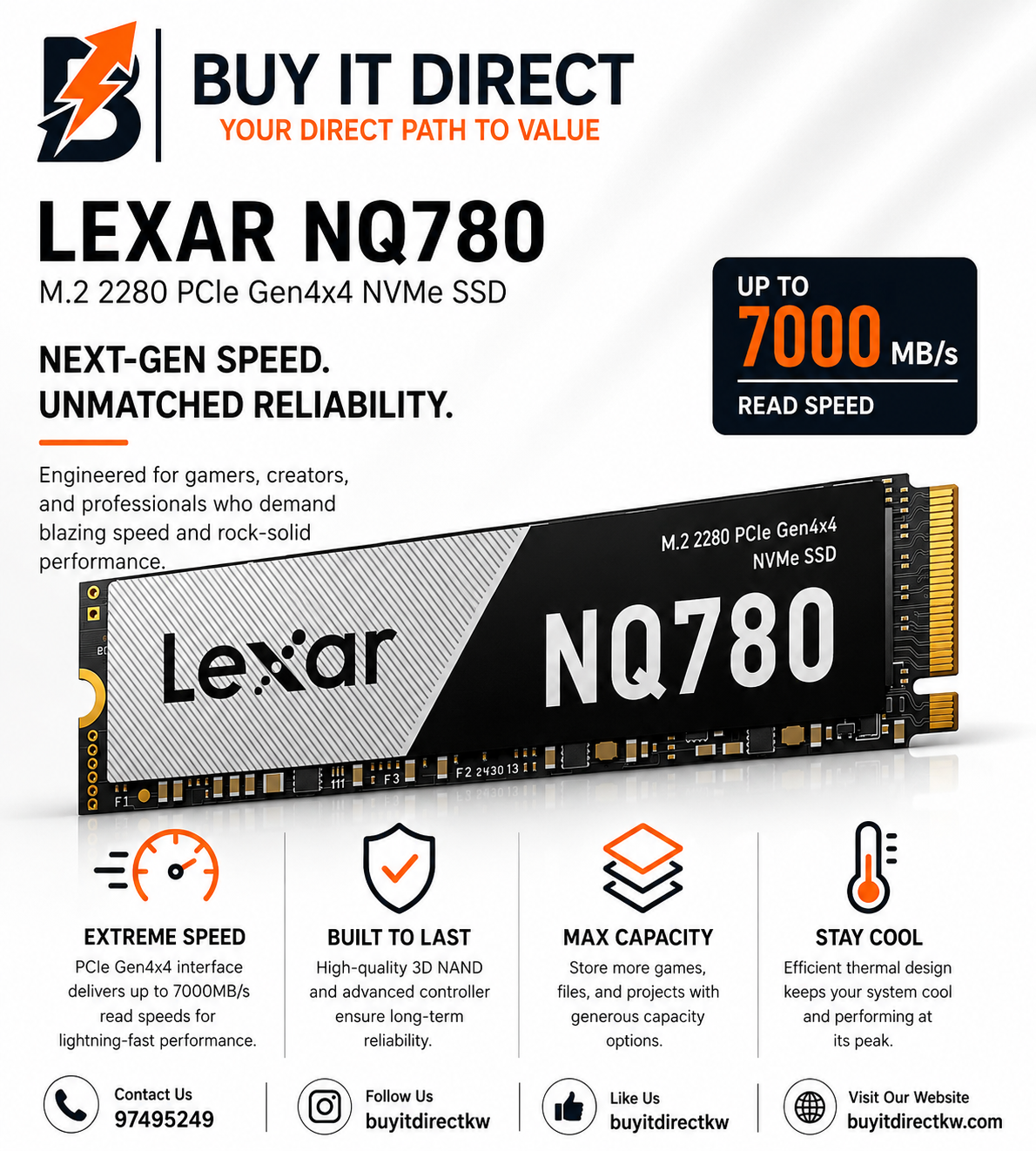 قرص Lexar NQ780 SSD سعة 1TB M2 NVMe PCIe Gen4 x4 بسرعة 6000MB/s