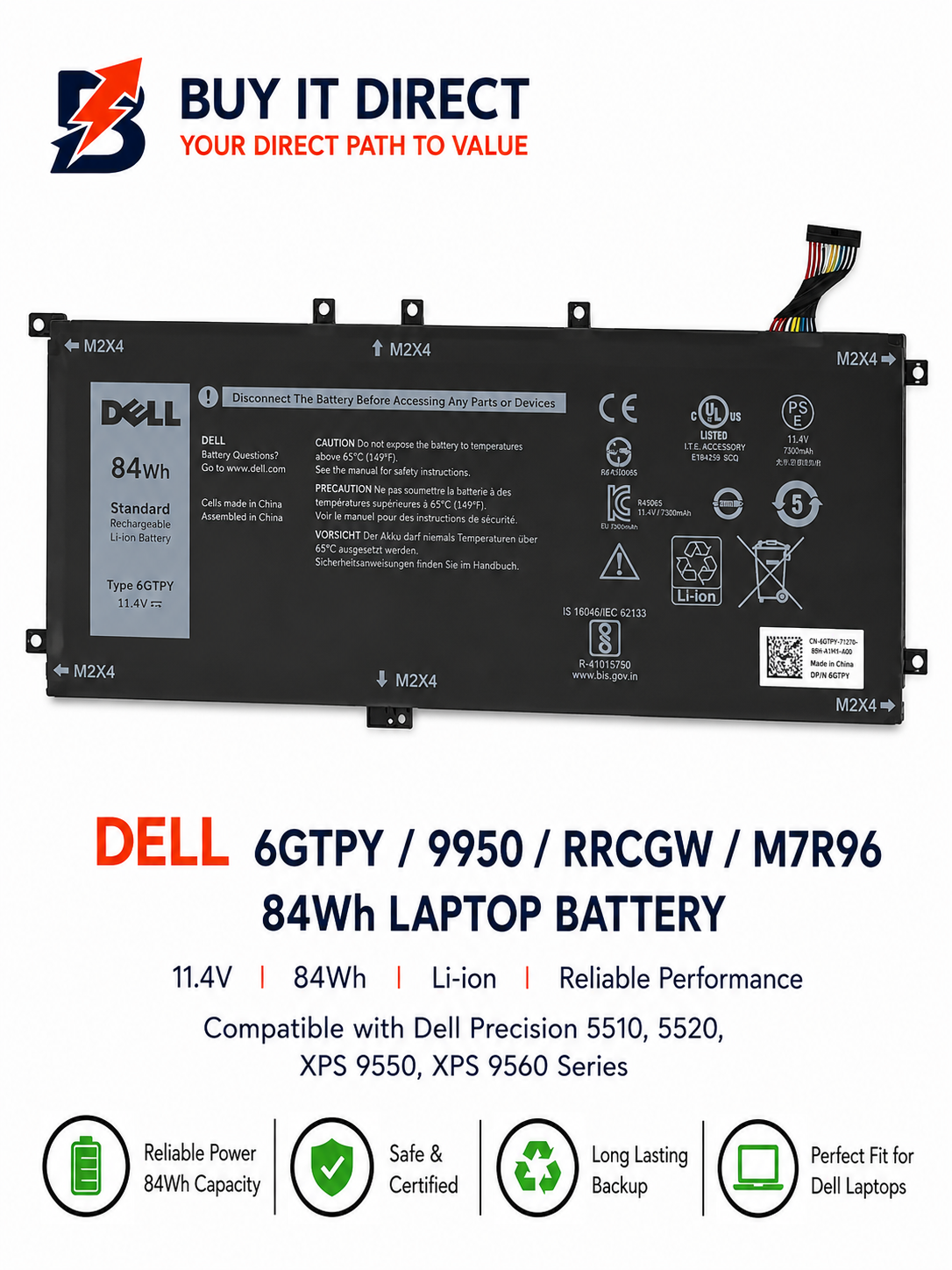 بطارية لابتوب ديل 6GTPY و9950 وRRCGW وM7R96 بسعة 84 واط ساعة متوافقة مع Precision 5510 و5520 وسلسلة XPS 9550 و9560