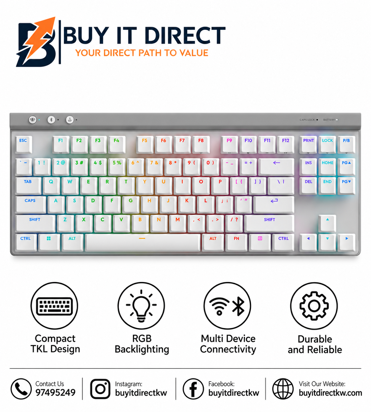 لوحة مفاتيح الألعاب Logitech G515 TKL LIGHTSPEED اللاسلكية منخفضة الارتفاع بمفاتيح Tactile باللون الأبيض