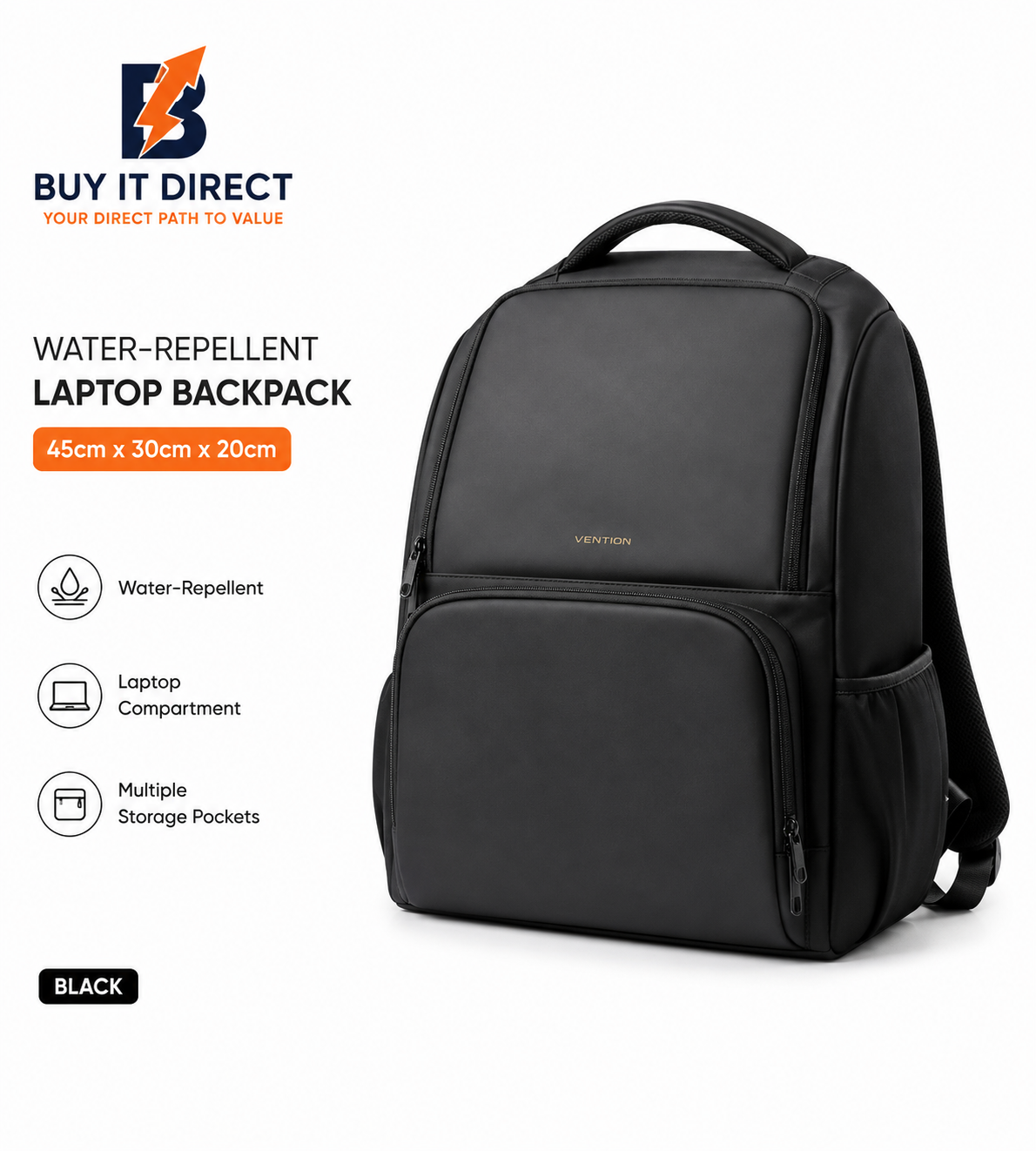 Water Repellent Laptop Backpack 45cm x 30cm x 20cm Black