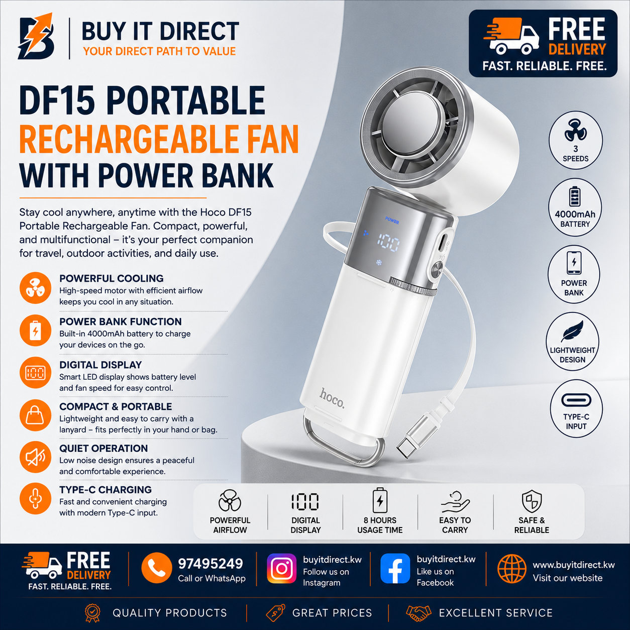 DF15 Portable Rechargeable Fan with Power Bank