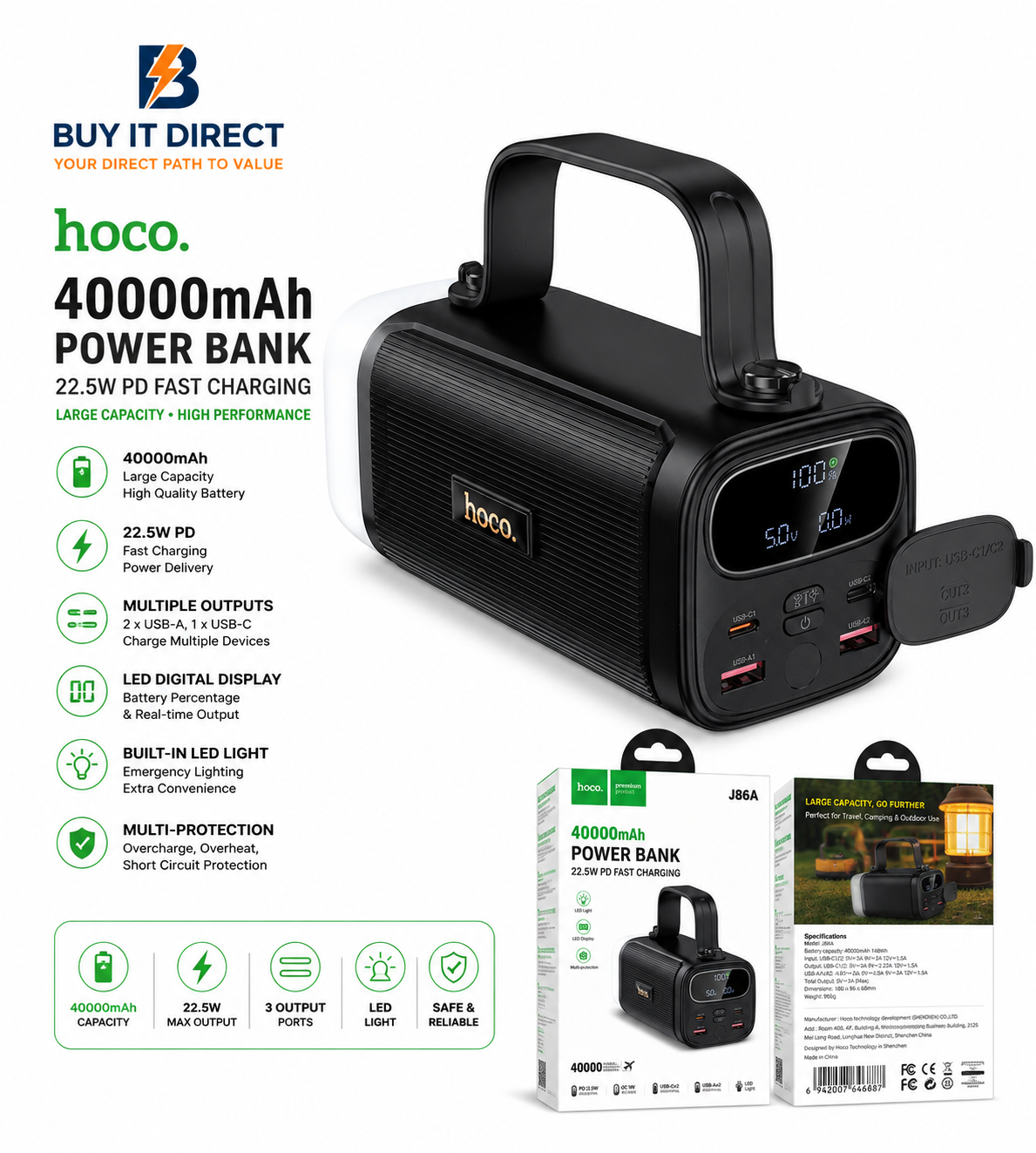 بنك طاقة Hoco بسعة 40000mAh وشحن سريع PD بقدرة 22.5W وسعة كبيرة