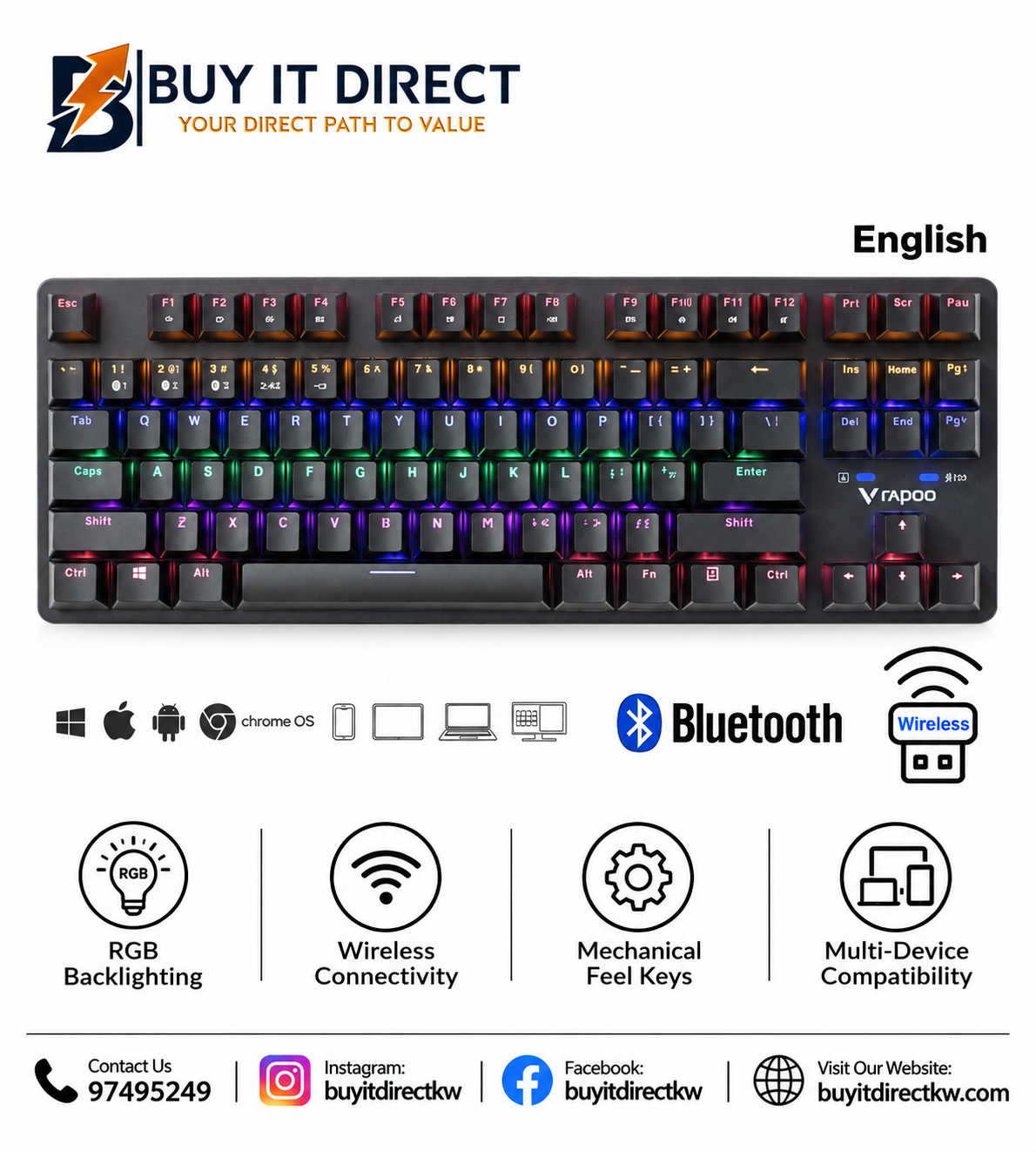 لوحة مفاتيح Rapoo V500Pro 87 للألعاب ميكانيكية لاسلكية متعددة الأنماط RGB بتصميم TKL ومفاتيح Blue Switch باللون الأسود إنجليزي V500Pro 87