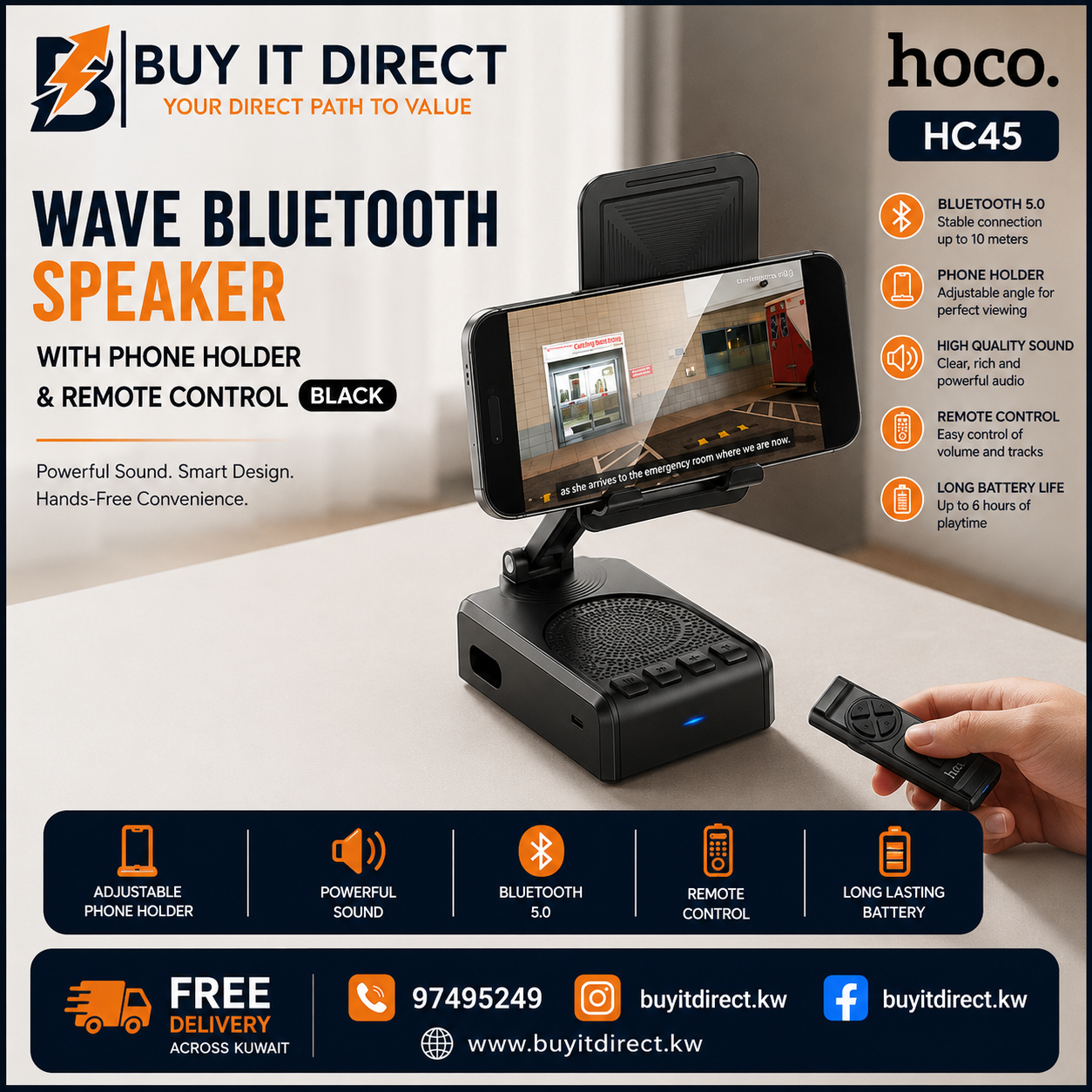 Hoco HC45 Wave Bluetooth Speaker with Phone Holder and Remote Control Black