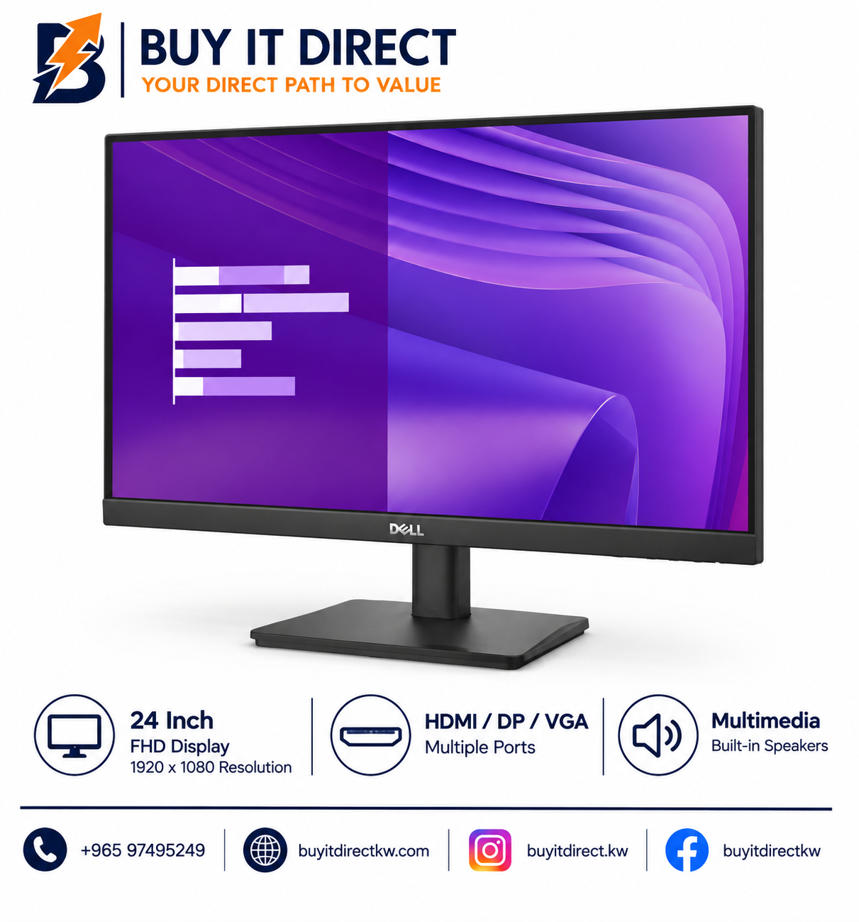 شاشة Dell Pro E2425HSM LED مقاس 24 بوصة بدقة FHD – حامل قابل للتعديل، VGA، DP، HDMI، وسائط متعددة