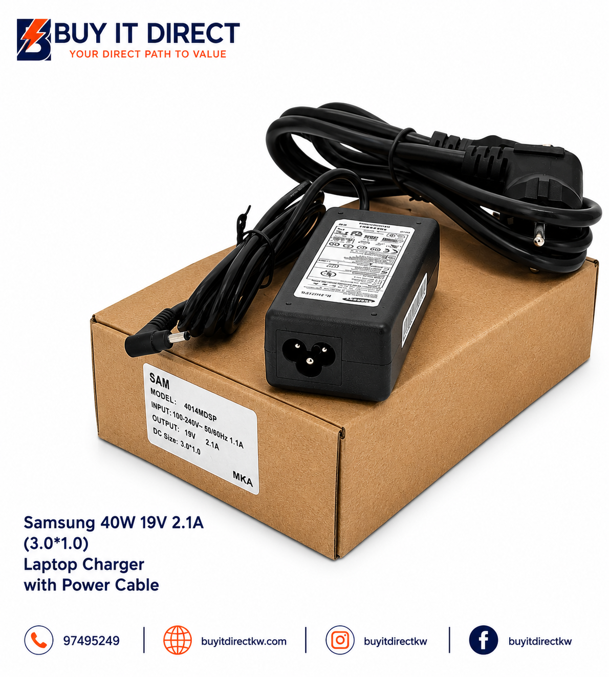 Samsung 40W 19V 2.1A 3.0x1.0 Laptop Charger With Power Cable