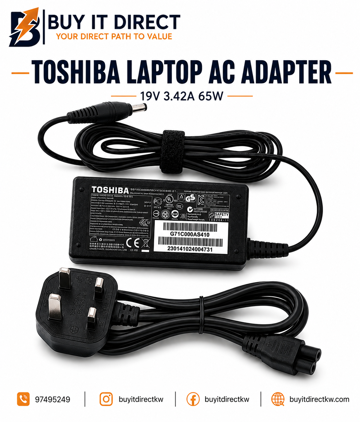 Toshiba Satellite 45W 19V 2.37A Laptop Charger 5.5 x 2.5mm with Power Cable