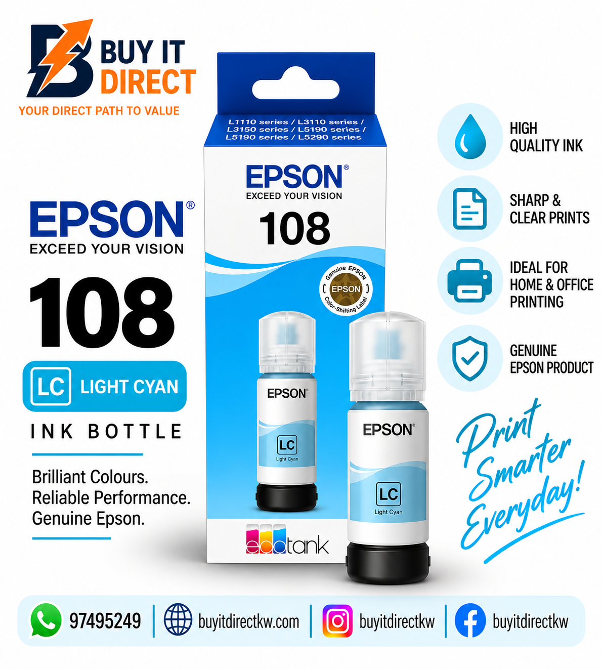 زجاجة حبر Epson 108 EcoTank أصلية باللون السماوي الفاتح 70 مل – C13T09C54A