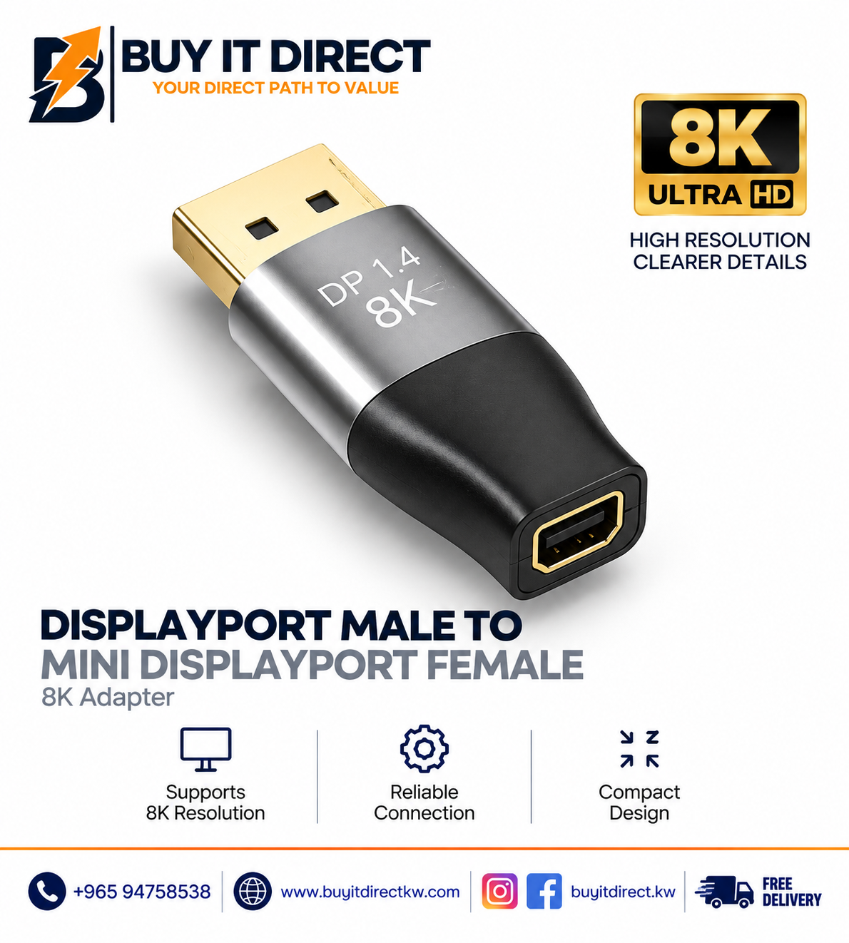 محول DisplayPort ذكر إلى Mini DisplayPort أنثى 8K