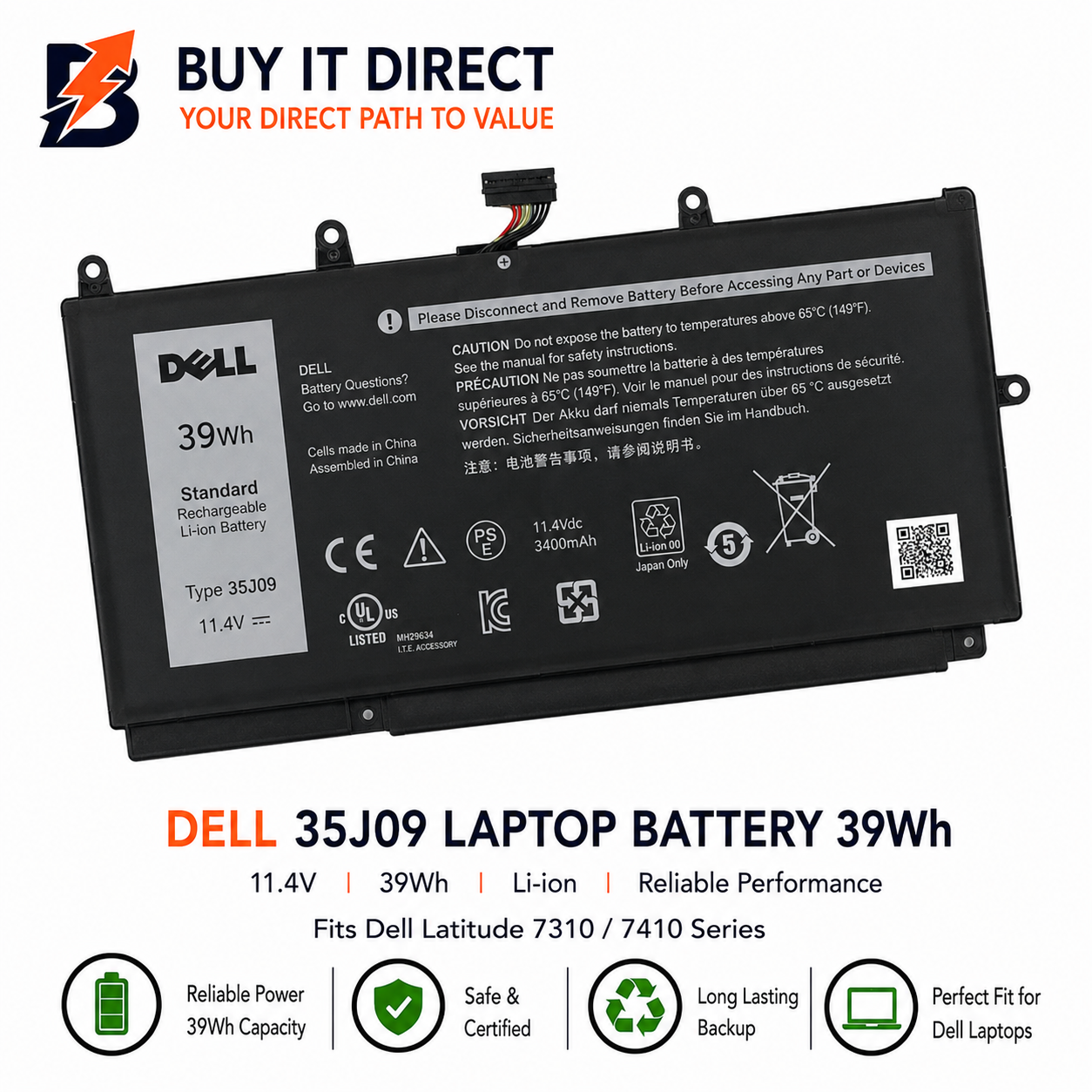 بطارية لابتوب ديل 35J09 بسعة 39 واط ساعة متوافقة مع سلسلة Dell Latitude 7310 و7410