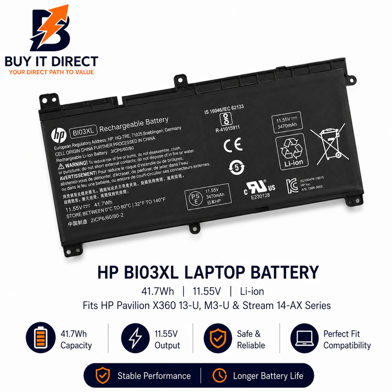 بطارية لابتوب اتش بي BI03XL ON03XL بسعة 41.7 واط ساعة متوافقة مع HP Pavilion X360 13 U وM3 U وسلسلة Stream 14 AX