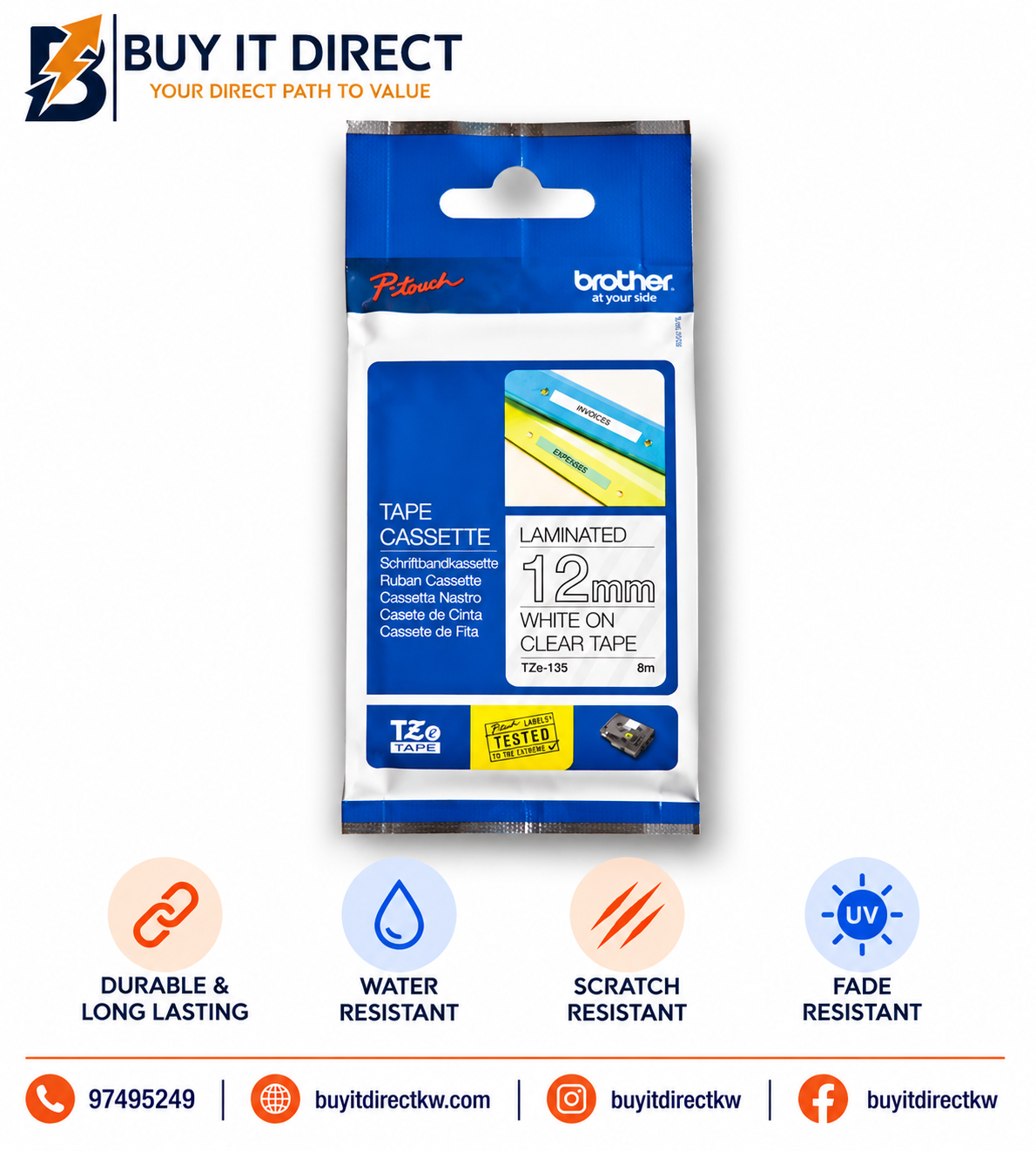 Brother Genuine TZe 135 Labelling Tape Cassette White on Clear 12mm 8m