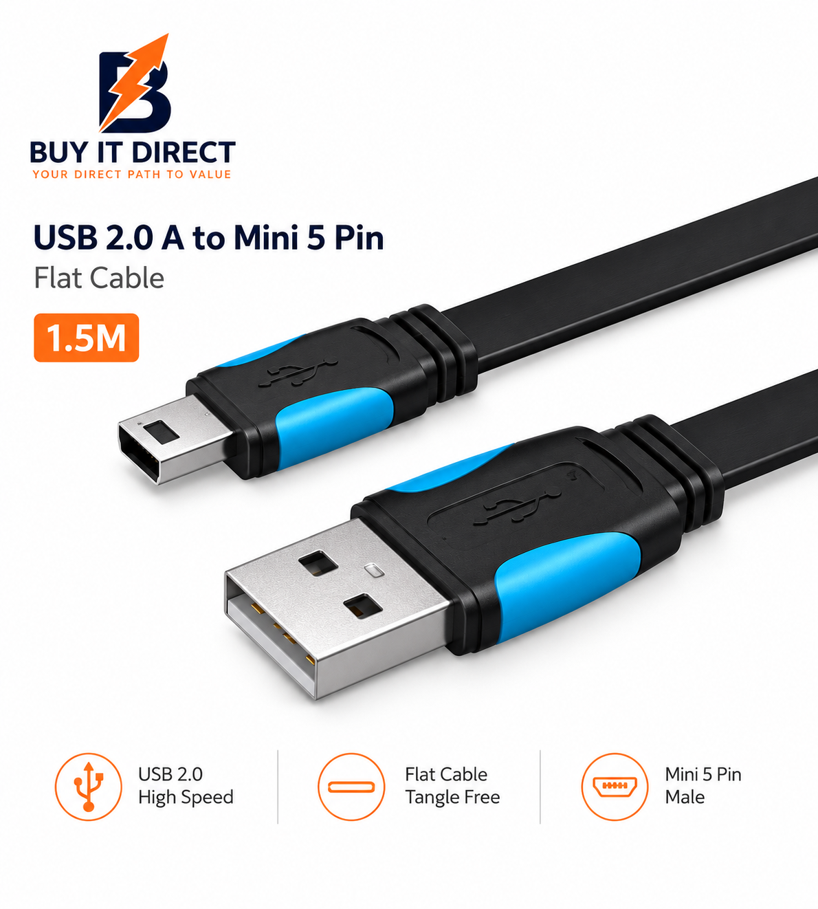 كابل مسطح USB 2.0 Type A ذكر الى Mini USB 5 Pin ذكر بطول 1.5 متر اسود
