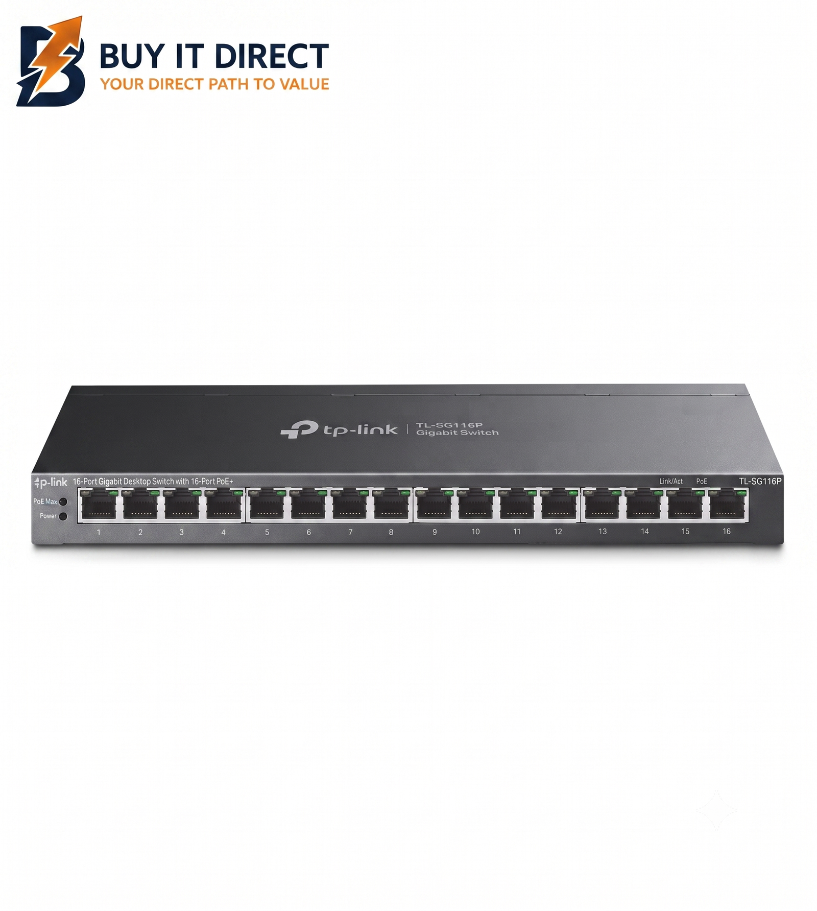 مبدل شبكة TP-Link SG116P مكتبي بسرعة Gigabit و16 منفذًا، مع دعم تقنية PoE+ في جميع المنافذ الـ 16
