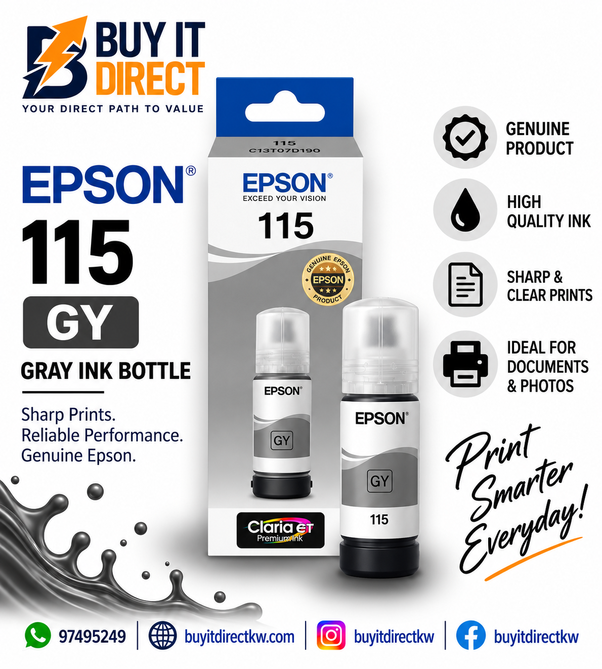 زجاجة حبر Epson 115 EcoTank أصلية باللون الرمادي – C13T07D54A