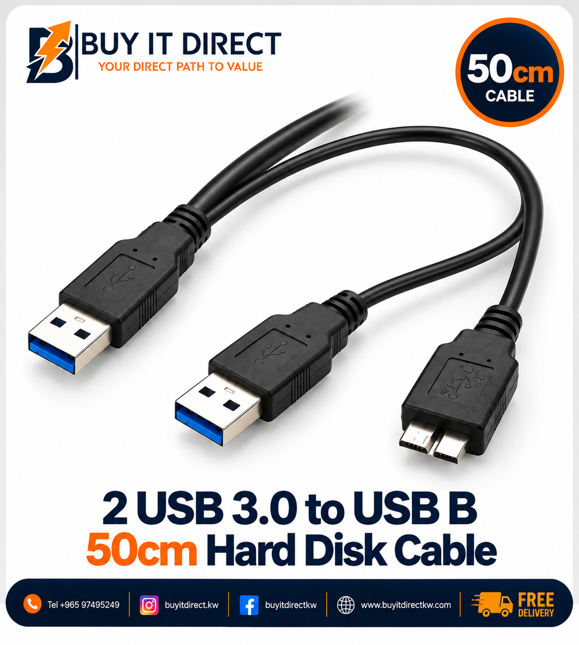 2 USB 3.0 to USB B 50cm Hard Disk Cable