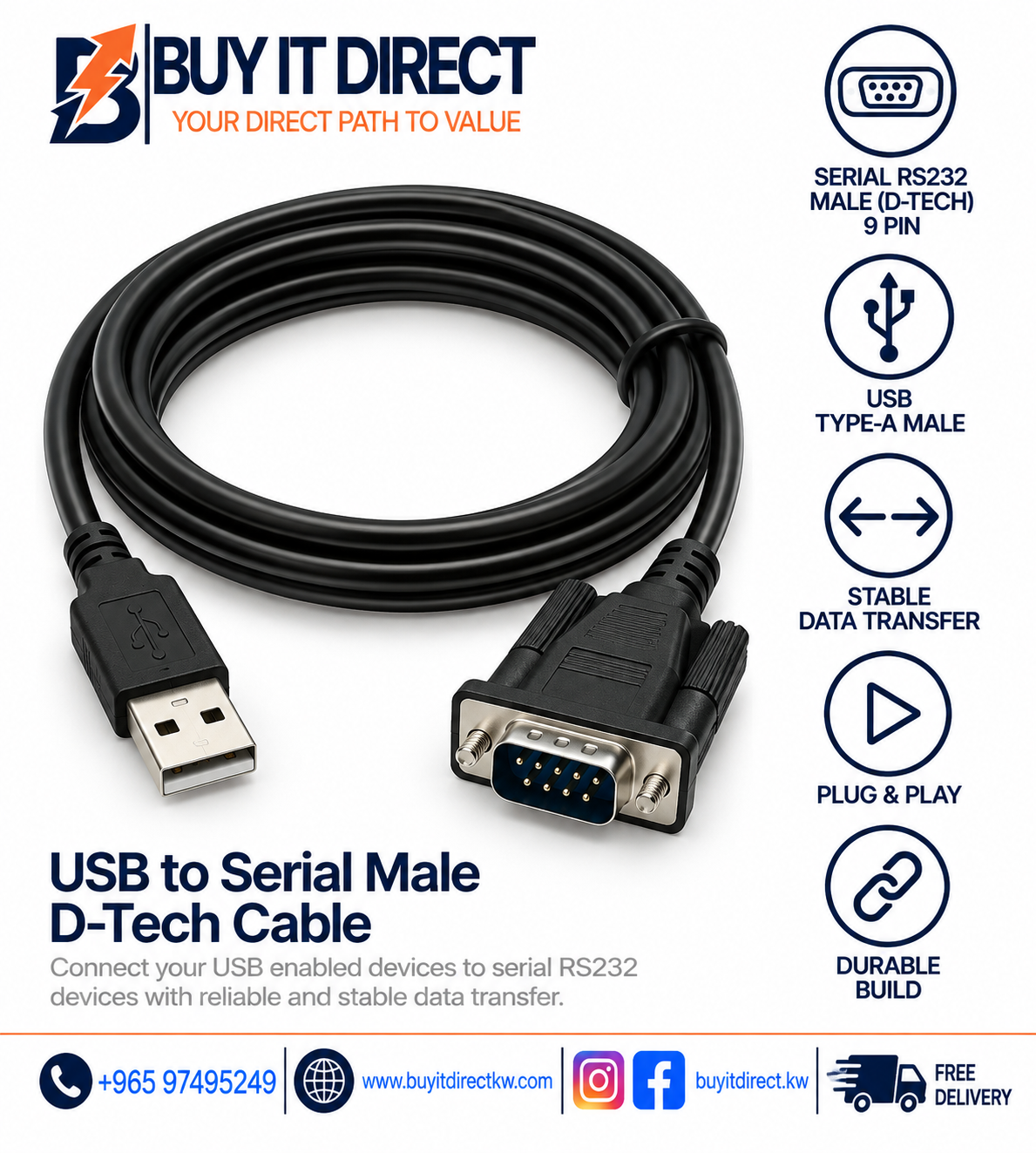 كابل D-Tech من USB إلى Serial ذكر