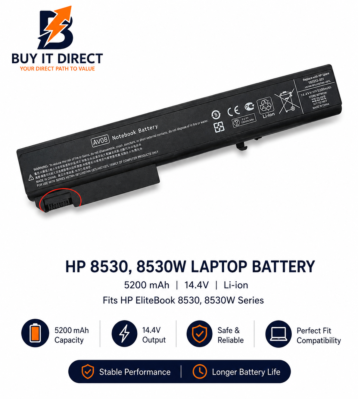 بطارية لابتوب اتش بي 8530 و8530W بسعة 5200 مللي امبير 14.4 فولت متوافقة مع سلسلة HP EliteBook 8530 و8530W