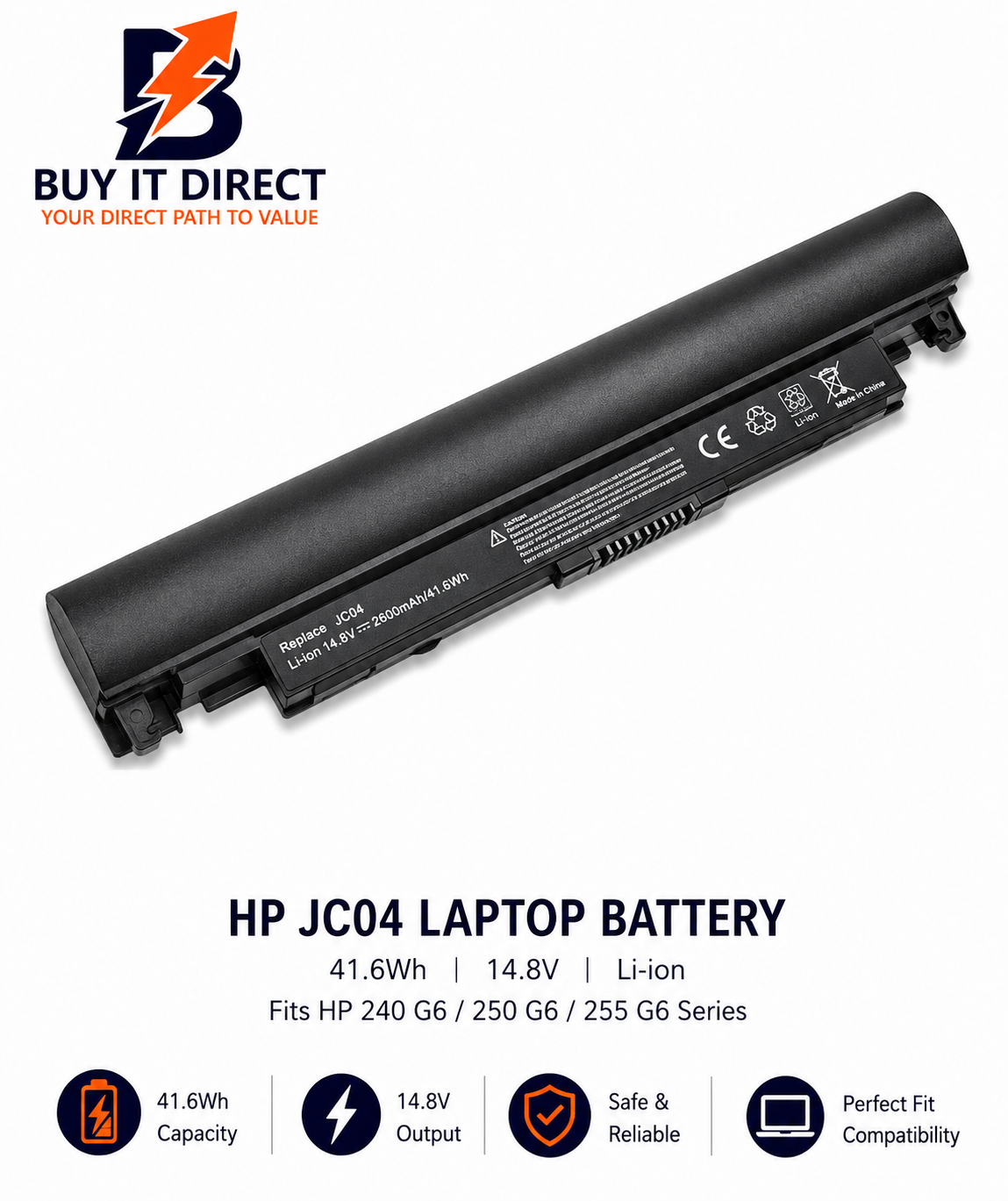 بطارية لابتوب اتش بي JC04 بسعة 41.6 واط ساعة متوافقة مع سلسلة HP 240 G6 و250 G6 و255 G6