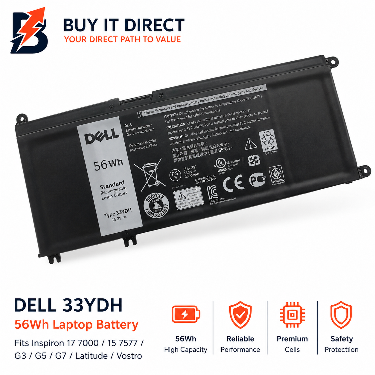 بطارية لابتوب ديل 33YDH بسعة 56 واط ساعة متوافقة مع Inspiron 17 7000 و15 7577 وG3 وG5 وG7 وLatitude وVostro