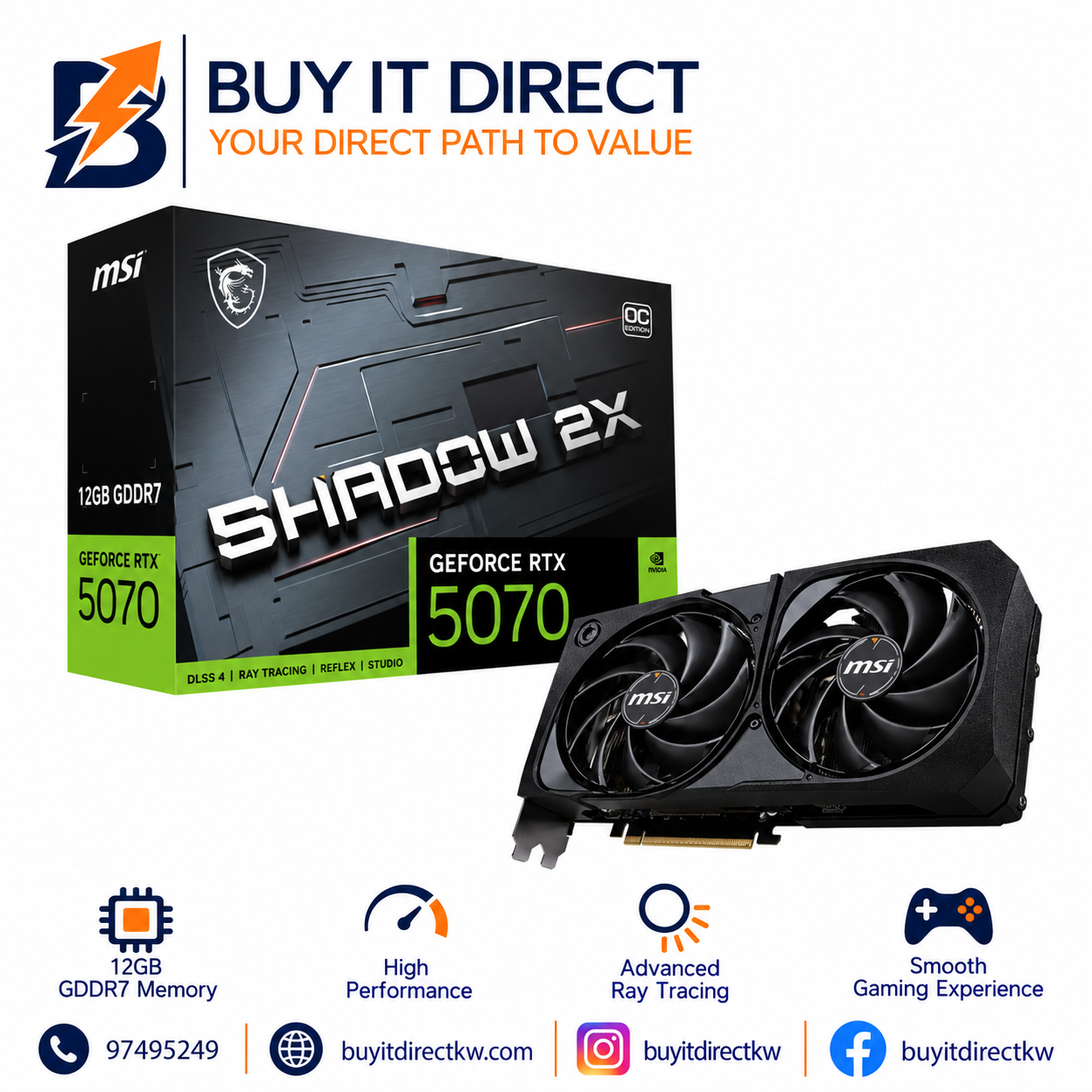 بطاقة رسومات MSI GeForce RTX 5070 SHADOW 2X OC سعة 12 جيجابايت