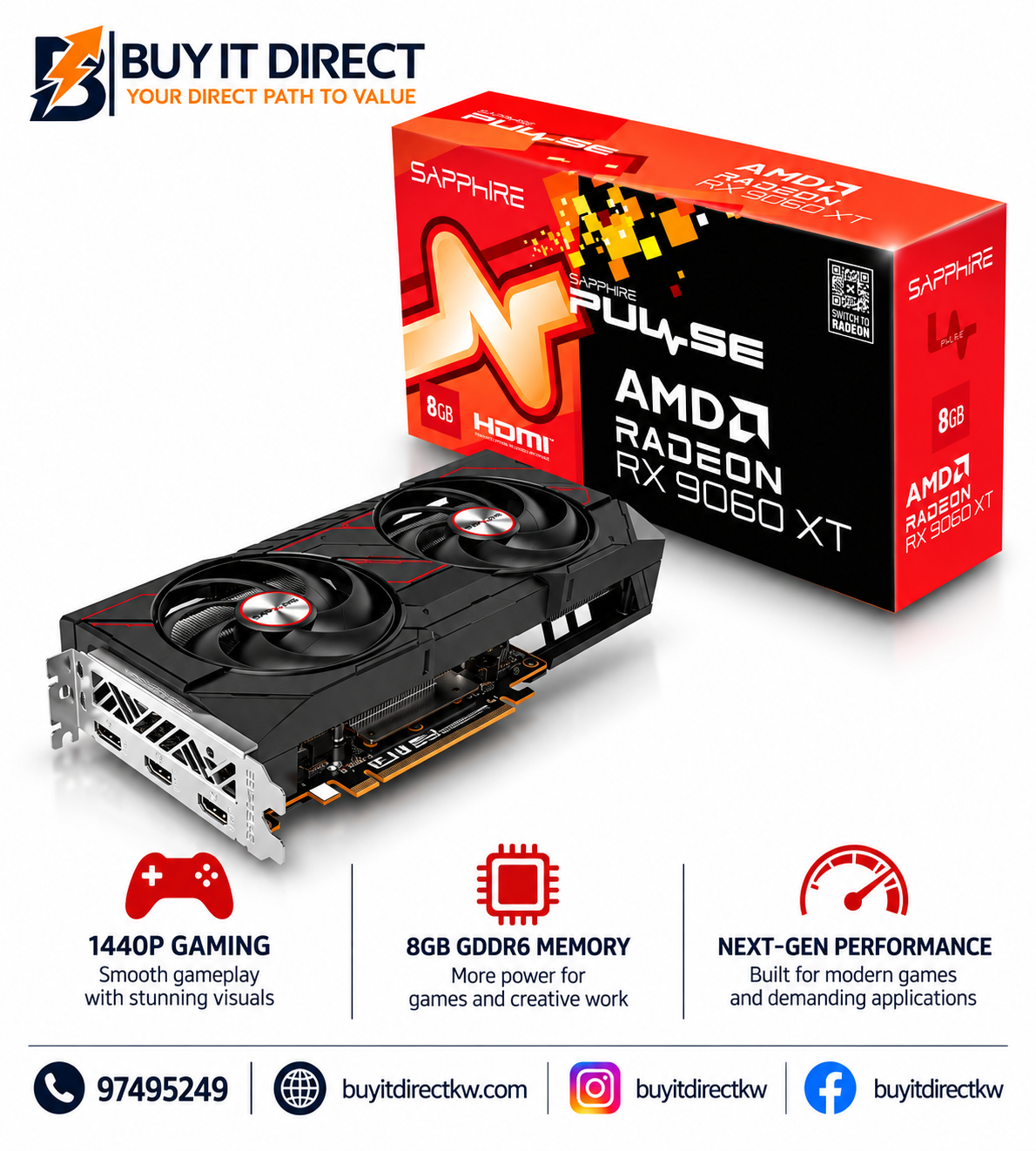 Sapphire 8GB PULSE AMD Radeon RX 9060 XT Gaming OC Graphics Card