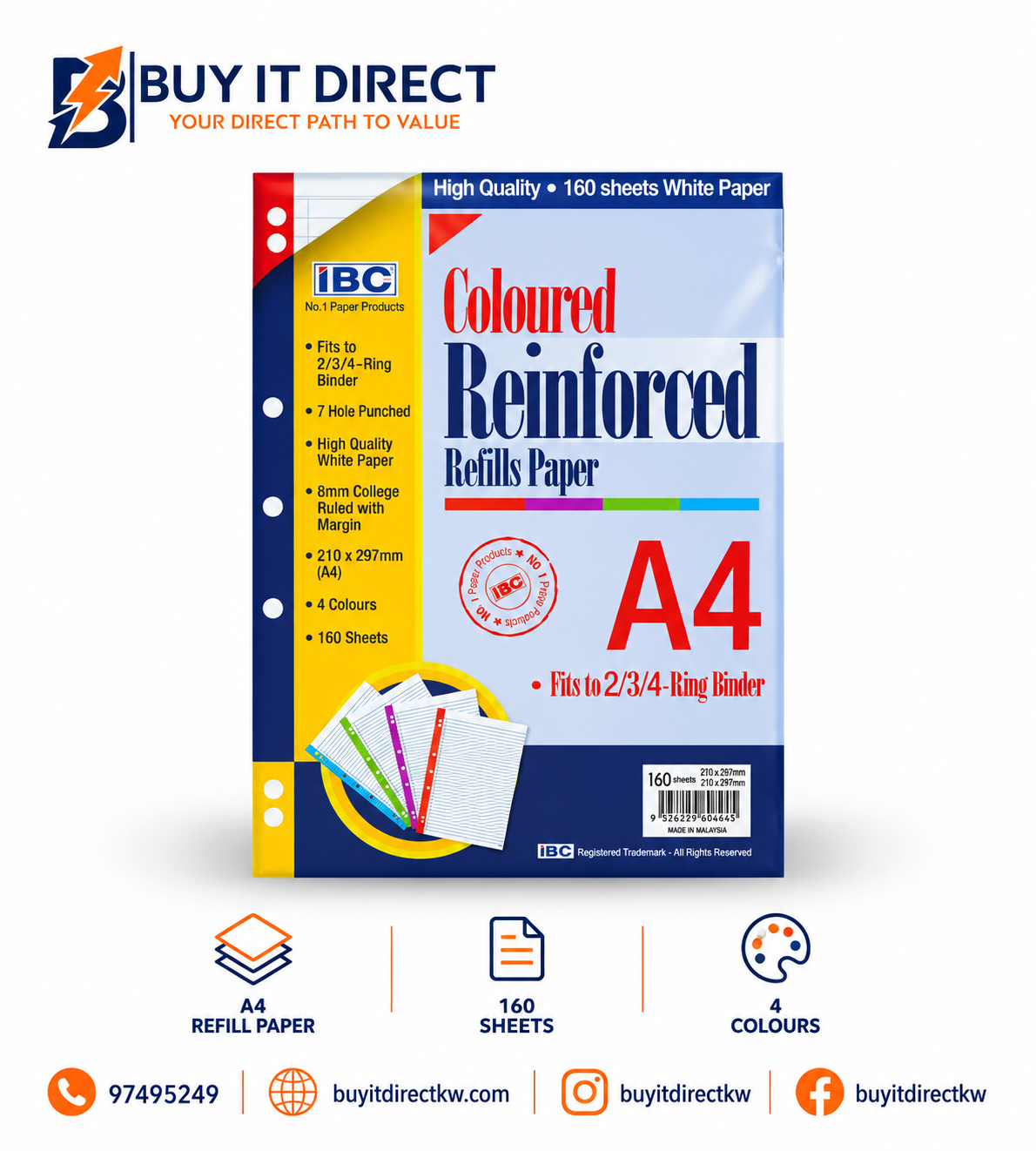 Coloured Reinforced Refills Paper A4 160 Sheets