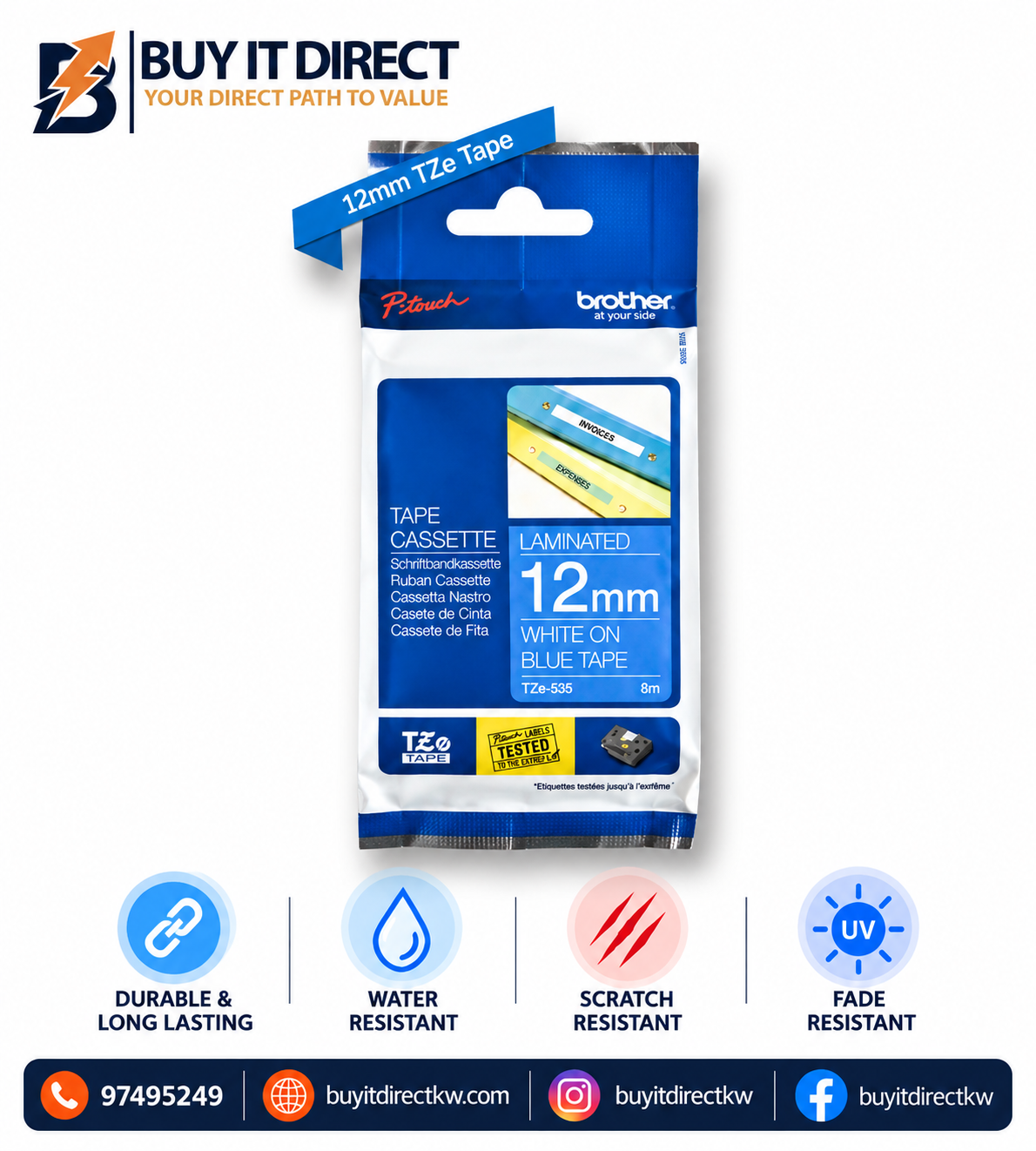 Brother Genuine TZe 535 Labelling Tape Cassette White on Blue 12mm 8m