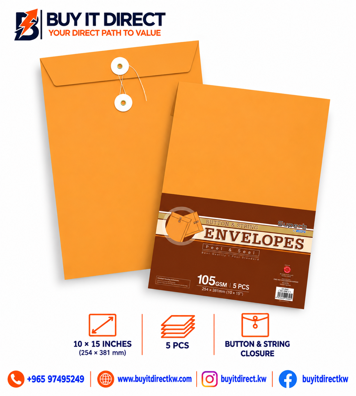COMPAP Button & String Envelope 10 × 15 Inches – Pack of 5