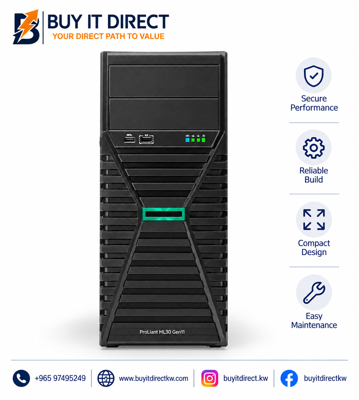 خادم HPE ProLiant ML30 Gen11 بمعالج Xeon E-2414 وذاكرة 16GB وقرصي SSD سعة 960GB