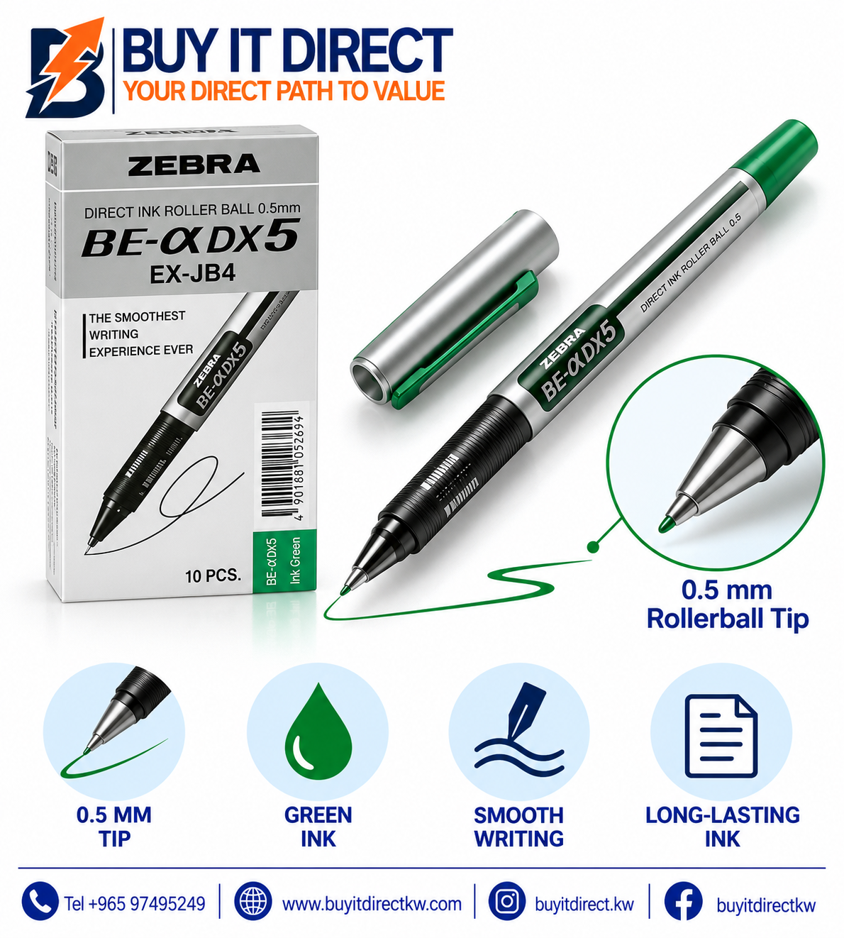 أقلام Zebra Liquid Ink Roller EX-JB4 أخضر 0.5 مم - عبوة 10 أقلام