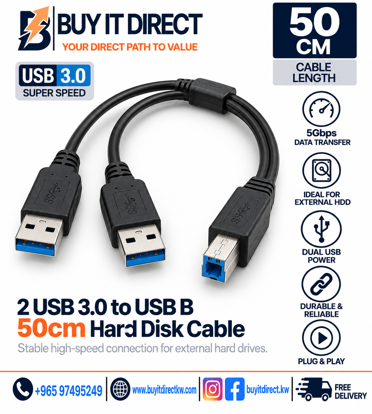 2 USB 3.0 to USB B 50cm Hard Disk Cable