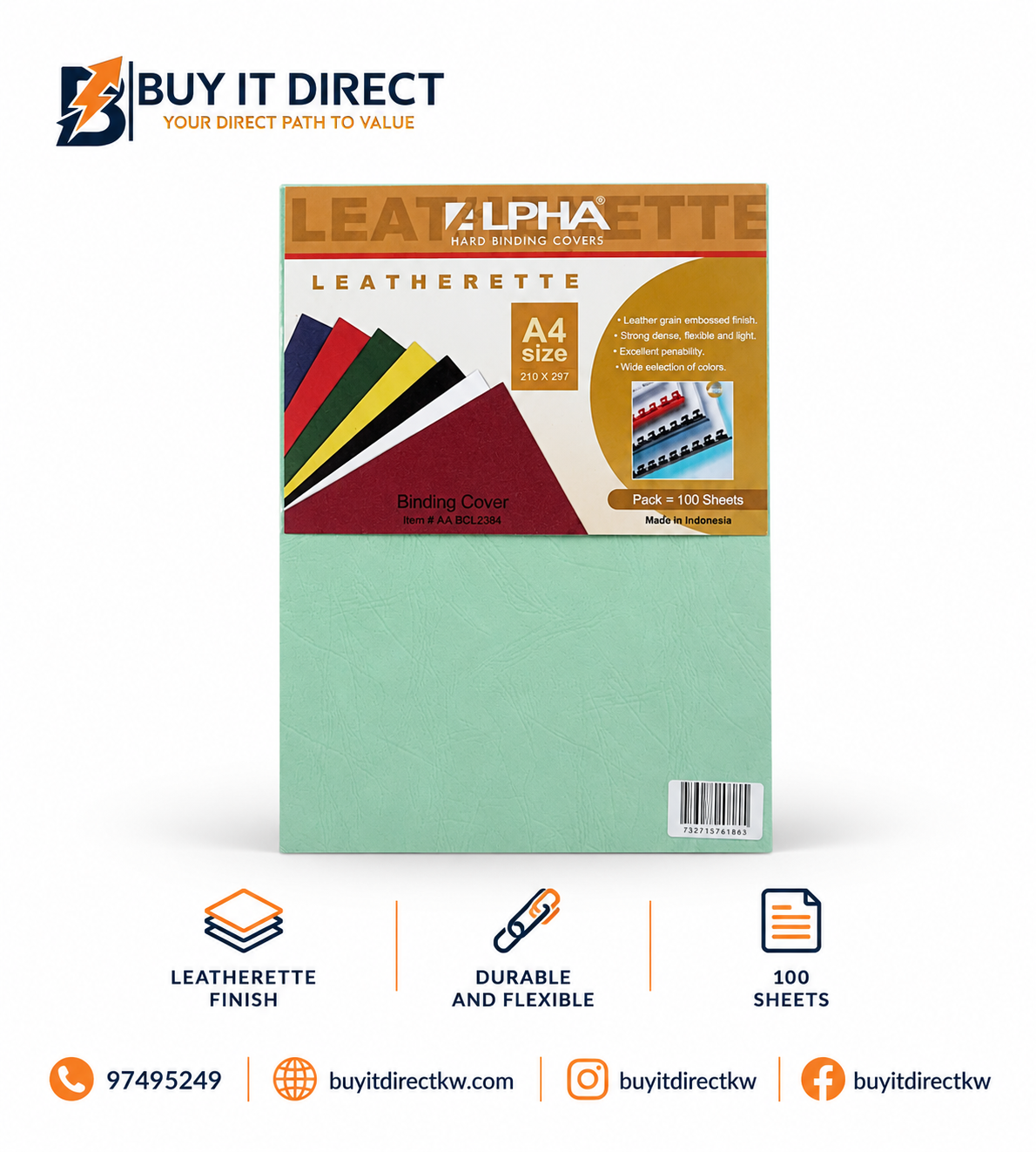 Alpha Leatherette A4 Light Green 100 Sheets