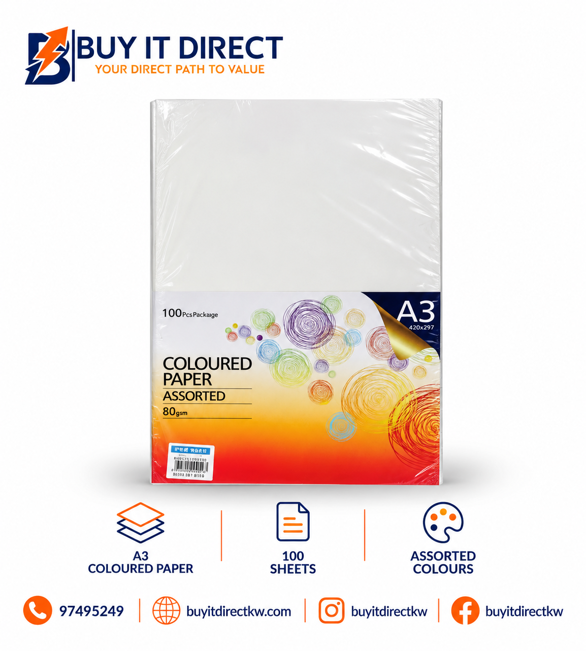 Colored Paper Assorted A3 80 GSM 100 Sheets