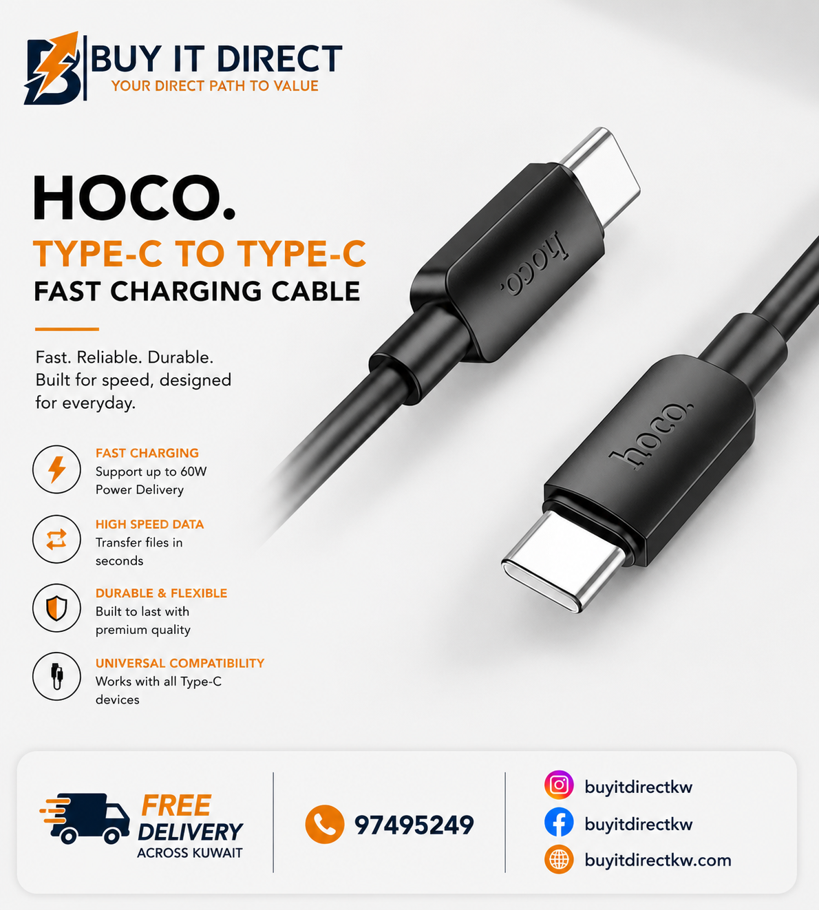 كابل Hoco X96 Hyper من Type C إلى Type C شحن سريع PD بقوة 60 واط