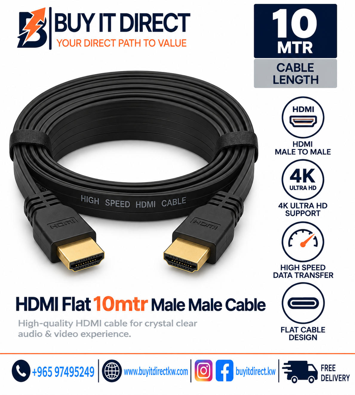 كابل HDMI مسطح ذكر ذكر بطول 10 متر