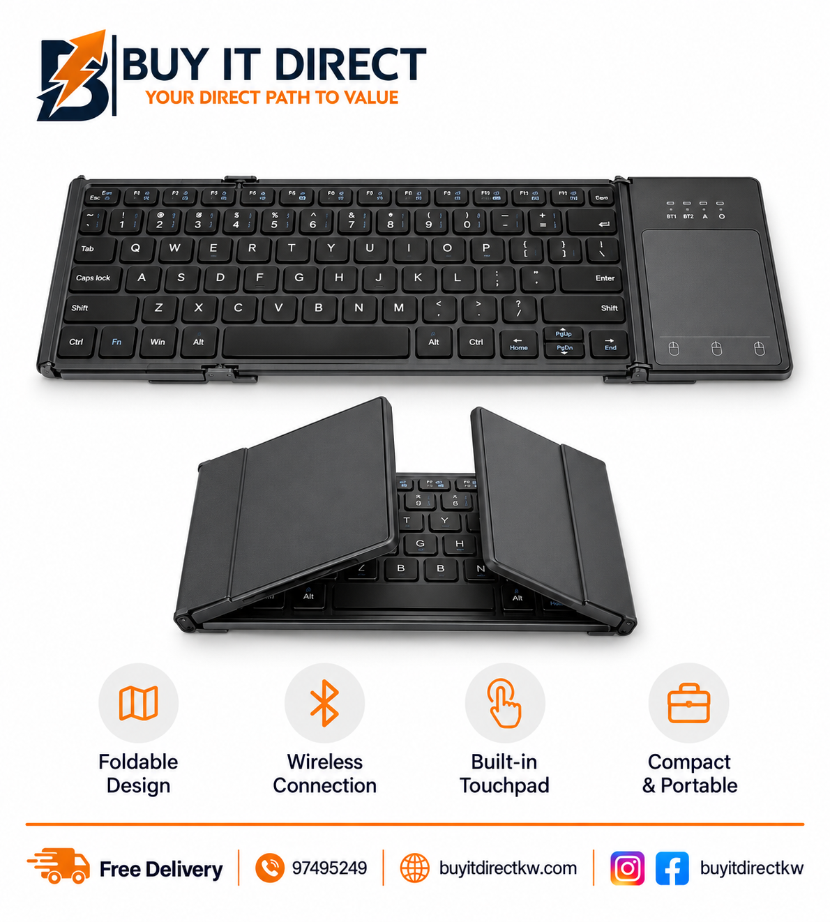 Foldable Bluetooth Keyboard with Numeric Keypad and Touchpad 1077T