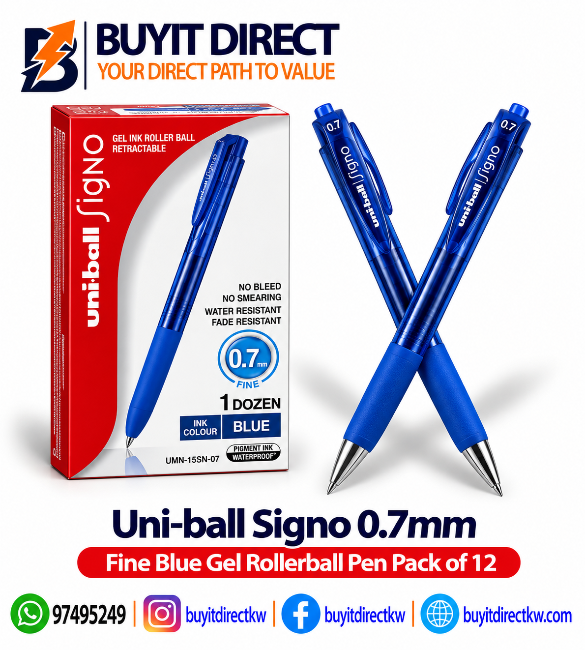 قلم Uni-ball Signo جل رولربول 0.7 مم دقيق – أزرق – عبوة 12 قلم