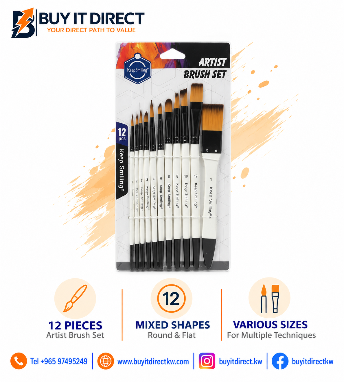 Keep Smiling Artist Brush Set - 12 Pieces, Mixed Round & Flat