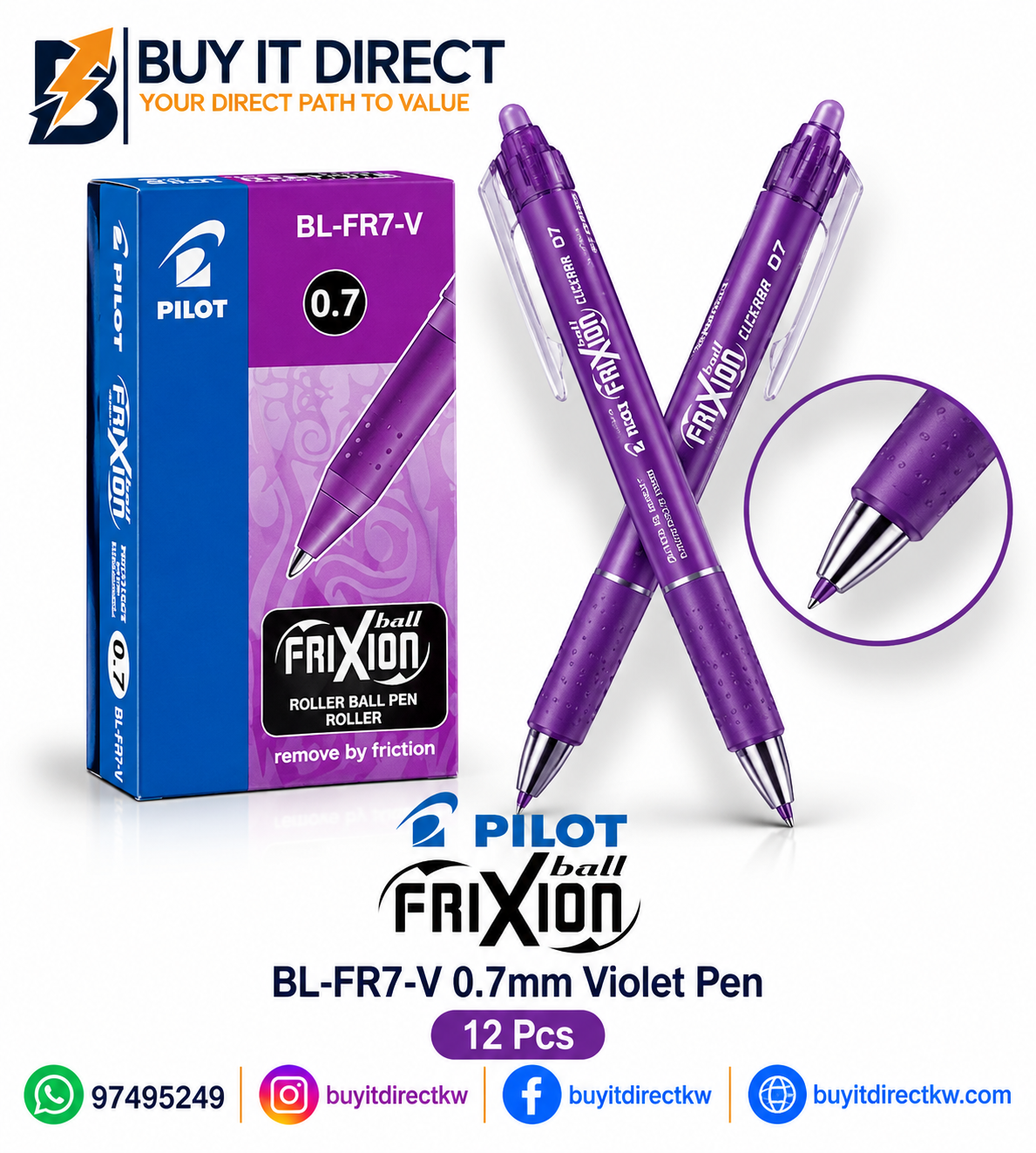 أقلام Pilot FriXion Ball Clicker BLRT-FR7-V بنفسجية 0.7 مم – 12 قطعة